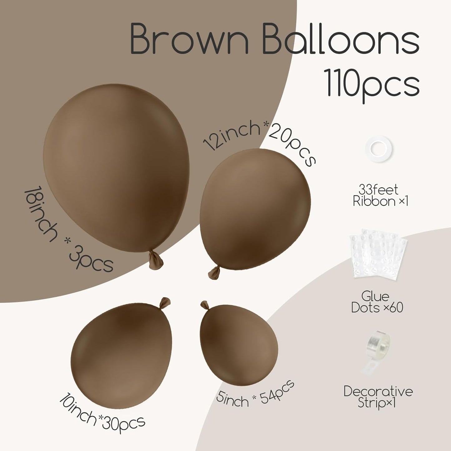 110Pcs Brown Balloons, 18 12 10 5 Inch Brown Balloons Different Sizes Balloon Garland for Netural Baby Shower Woodland Jungle Safari Birthday Party Decorations