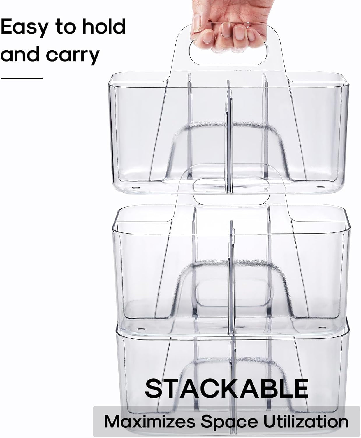 Multiuse Caddy Organizer with Handle - Stackable Plastic Tote Bin - Art Craft Supplies, Office, Desk, Stationery Pen Holder, Kitchen, Utensil, Makeup, Bathroom, Shower, Cleaning, Dorm Organizer -Clear