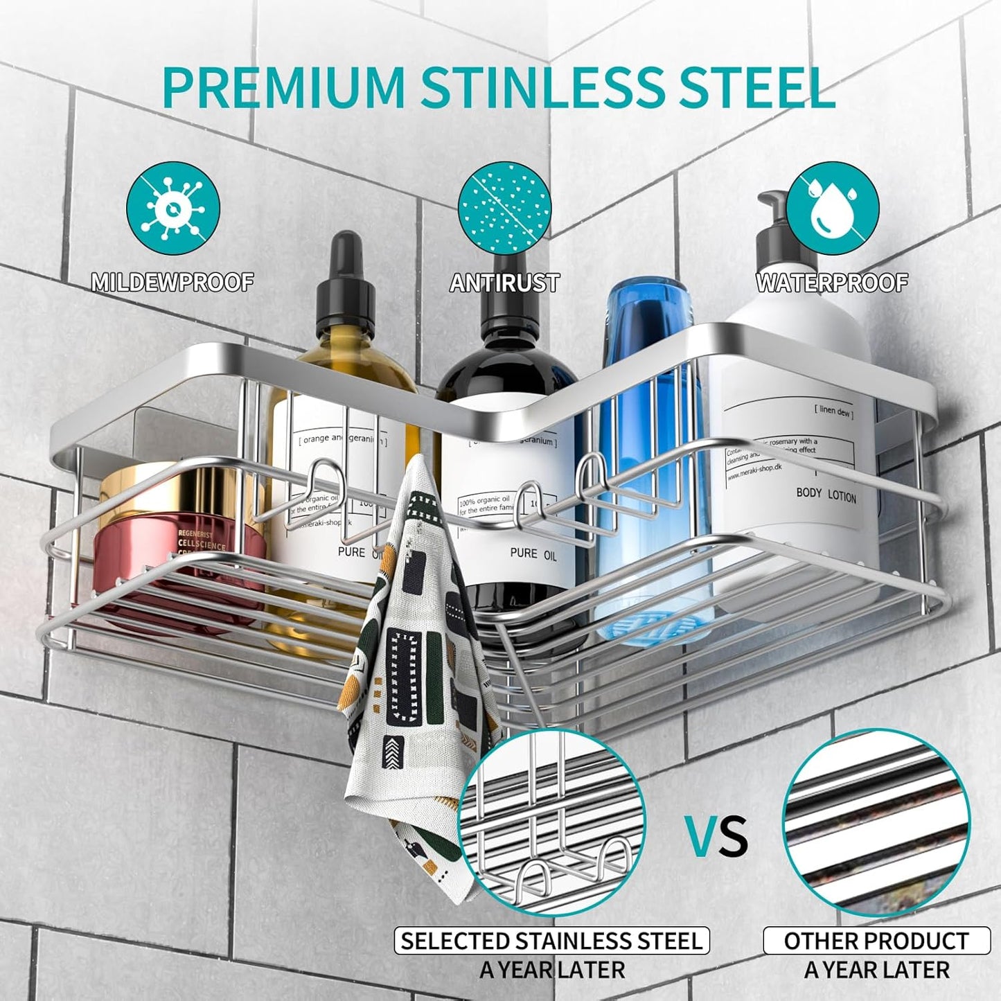 Shower Caddy 2-Pack, No Drilling Shower Organizer Corner Shelf for Bathroom Tub, Stainless Steel Shower Caddy Corner Shelf for Bathroom Kitchen(Silver)