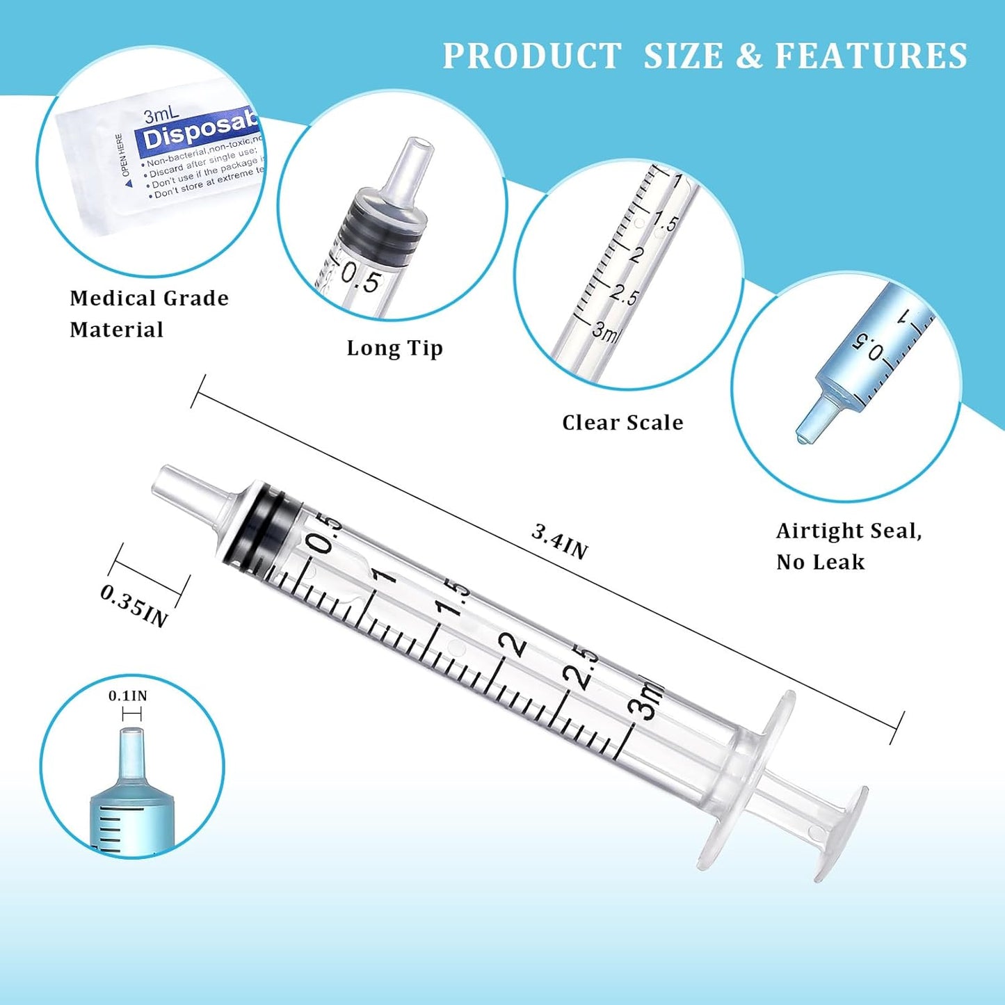 35 Pack 3Ml Plastic Syringe without Needle, Catheter Tip Individually Sealed for Liquid, Sterile - Syringes Tools for Feeding Pets, Measuring, Scientific Labs, Oil or Glue Applicatorc