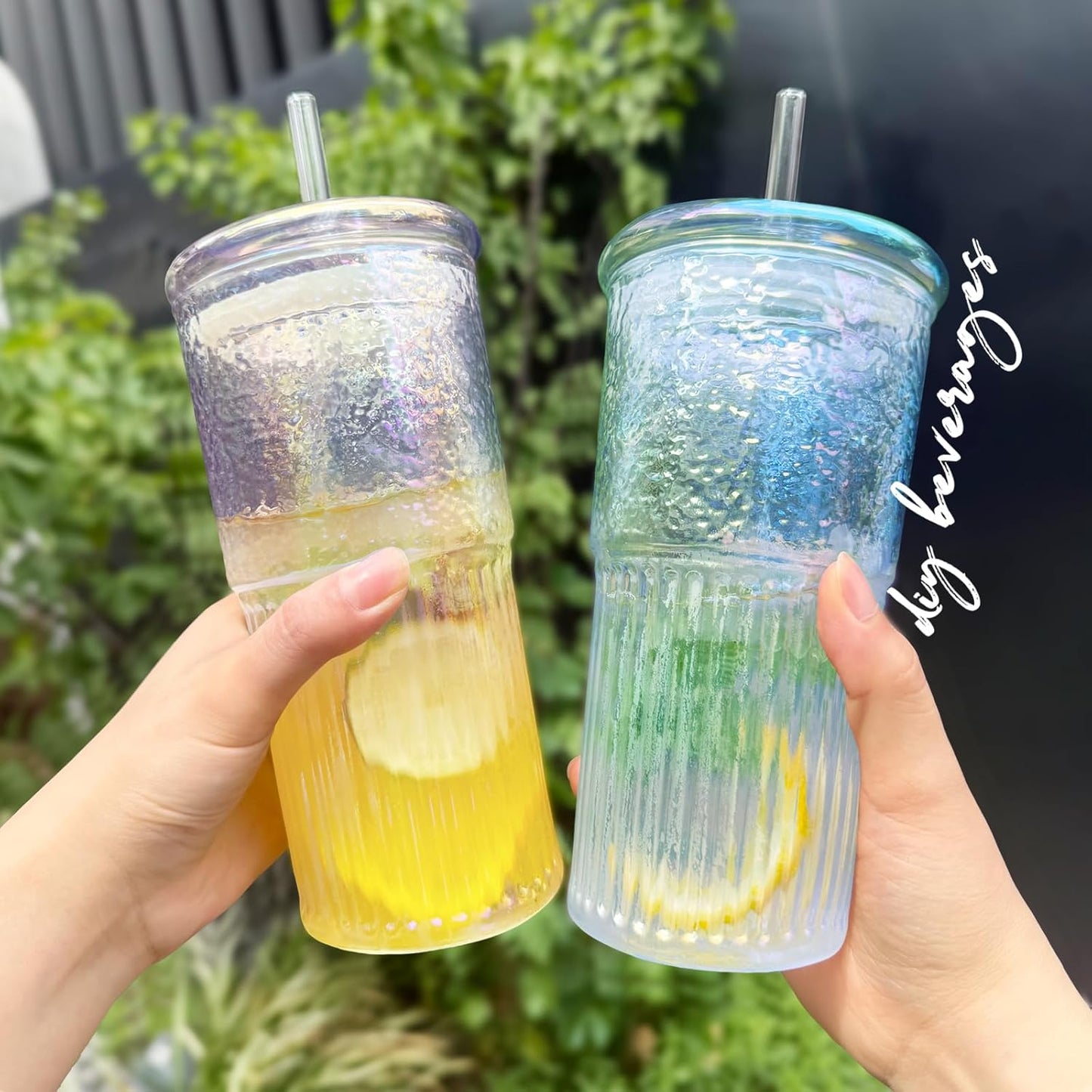 20Oz Glass Cups with Lids and Straws, 2 Pack High Borosilicate Iced Coffee Cups Drinking Glasses Tumbler for Smoothie, Water, Tea, Juice Drinks, Shimmering Blue