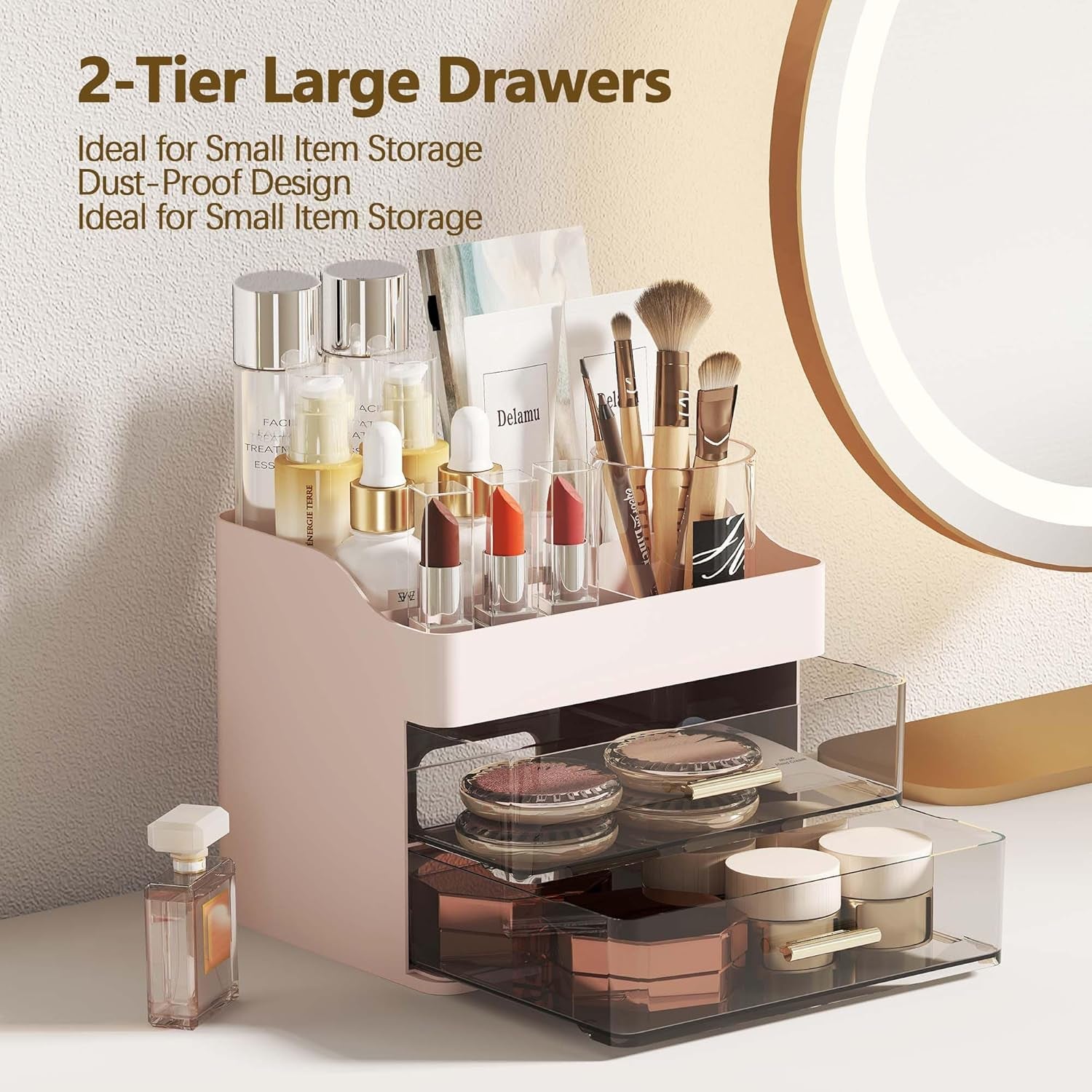 Makeup Organizer Countertop, 3-Tier Large Capacity Bathroom Counter Organizer with 2 Clear Drawers for Easy Access, Ideal for Makeup, Skincare, Lipsticks, Office Supplies, Present, Etc, Pink
