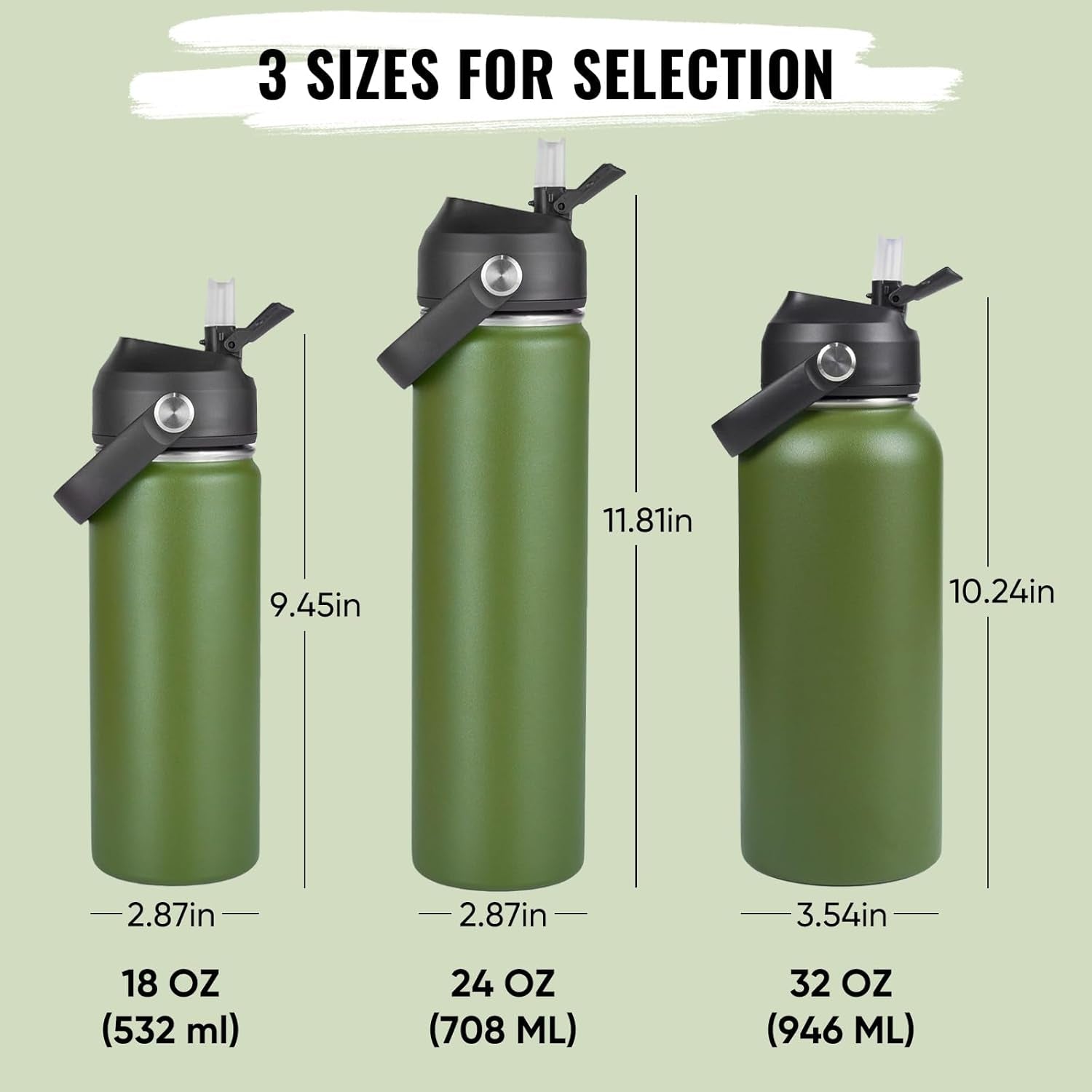 18Oz Insulated Stainless Steel Water Bottle, Wide Mouth Double Wall Vacuum, Silicone Straw, Sweat & Leak Proof, BPA Free Insulated Water Flask for Travel, Keep Cold 24H Hot 12H, Green