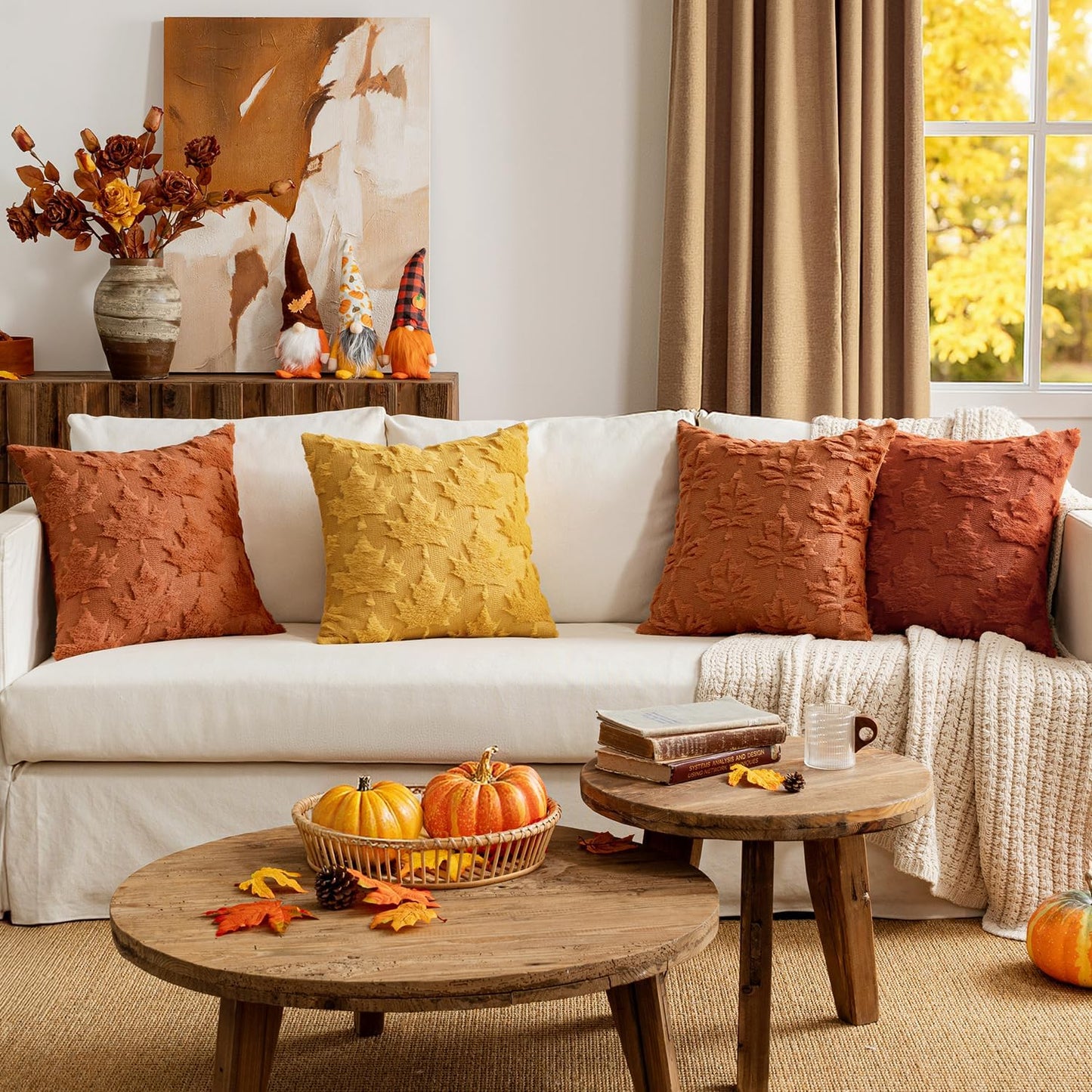 Fall Autumn Throw Pillow Covers 18X18 Rust Set of 2 Thanksgiving Decorative Solid Maple Leaf Pattern Accent Pillow Covers Soft Plush Faux Wool for Home Decor Holiday Outdoor Porch Bedroom