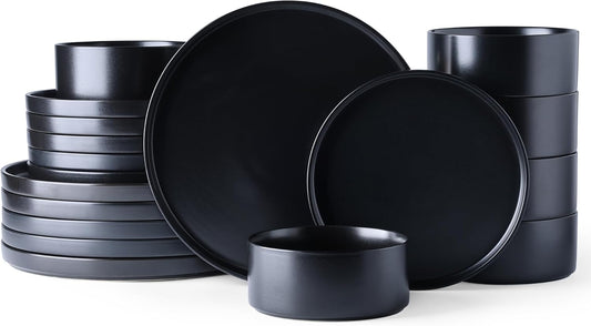 Matte Black Stoneware Dinnerware Set for 6 - Chip and Scratch Resistant, Dishwasher, Microwave, and Oven Safe with Reactive Glaze