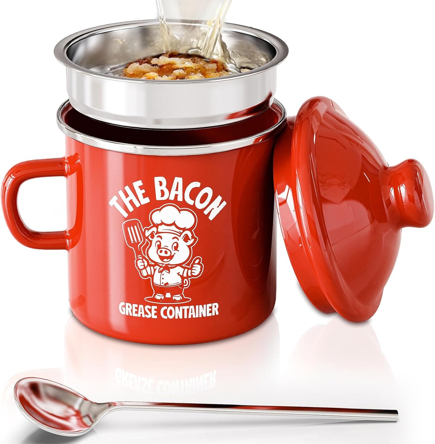 Mini Bacon Grease Saver with Strainer - 15OZ Enamel Grease Container, Farmhouse Bacon Grease Keeper for Kitchen Fat Storage, Dishwasher Safe-Red