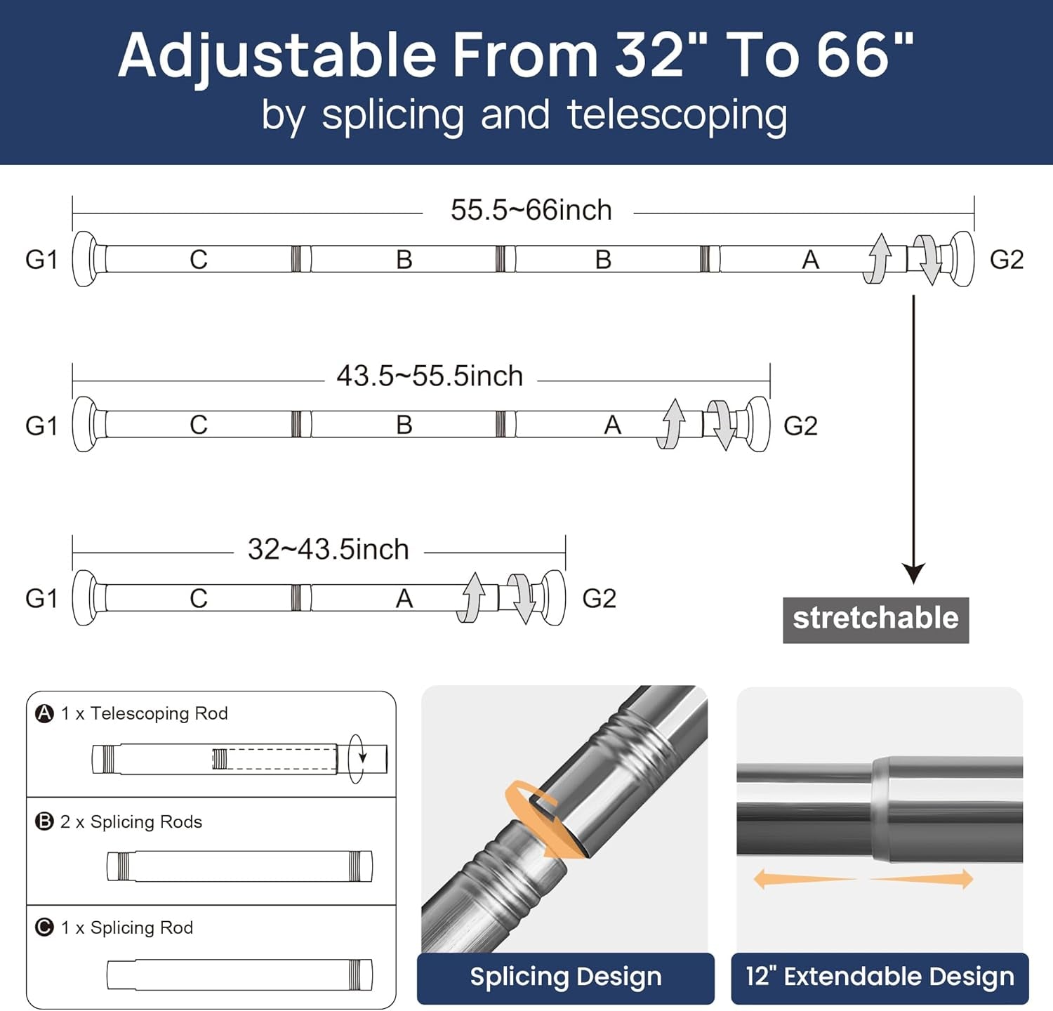 2 Pack Adjustable Spring Tension Curtain Rods 32 to 66 Inches, Stainless Steel Chrome Shower Rod No Drilling for Window, Bathroom, Closet, Room Divider, 7/8" Diameter