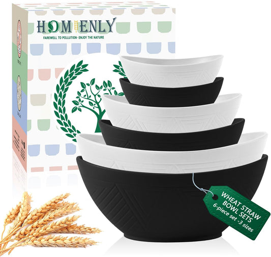 Wheat Straw Mixing Bowls Set - 6 Piece, Three Sizes (60 OZ, 26 OZ, 10 OZ), Microwave and Dishwasher Safe, Ideal for Salad, Snacks, and Cereal (Panda Color)