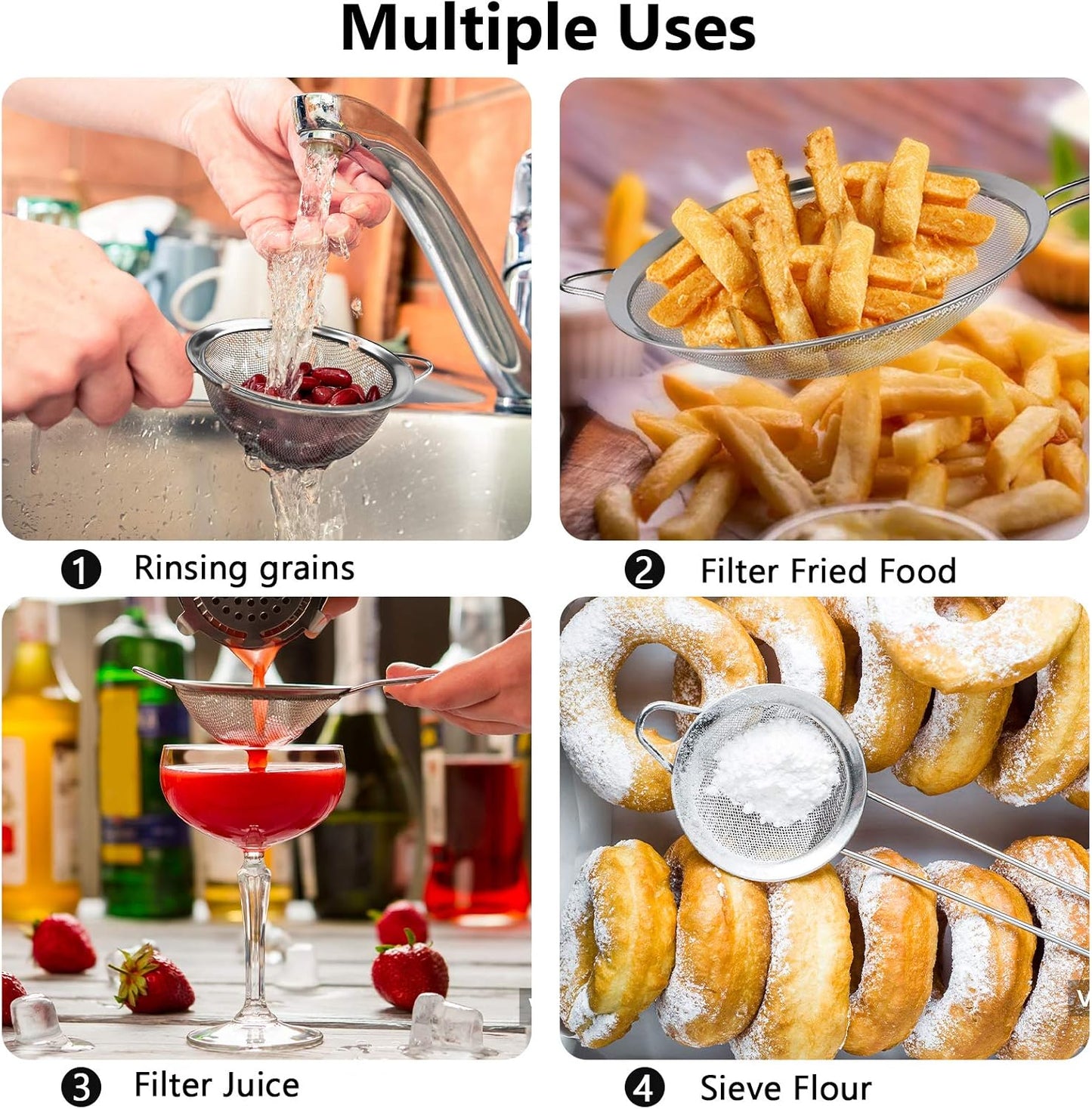 3Pcs Super Wire Extra Fine Mesh Strainer with Handle, Small Medium Large Size Sifter Metal Strainer Set, Stainless Steel Sieve Fine Mesh Strainers for Kitchen Rice Juice Quinoa Food Flour Baking