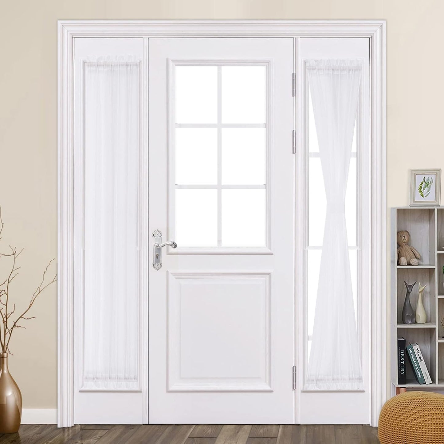 Sheer Sidelight Curtains for French Doors - Light Filtering Window Treatment, 25 x 72 Inches, White, Set of 2 Panels with Tiebacks