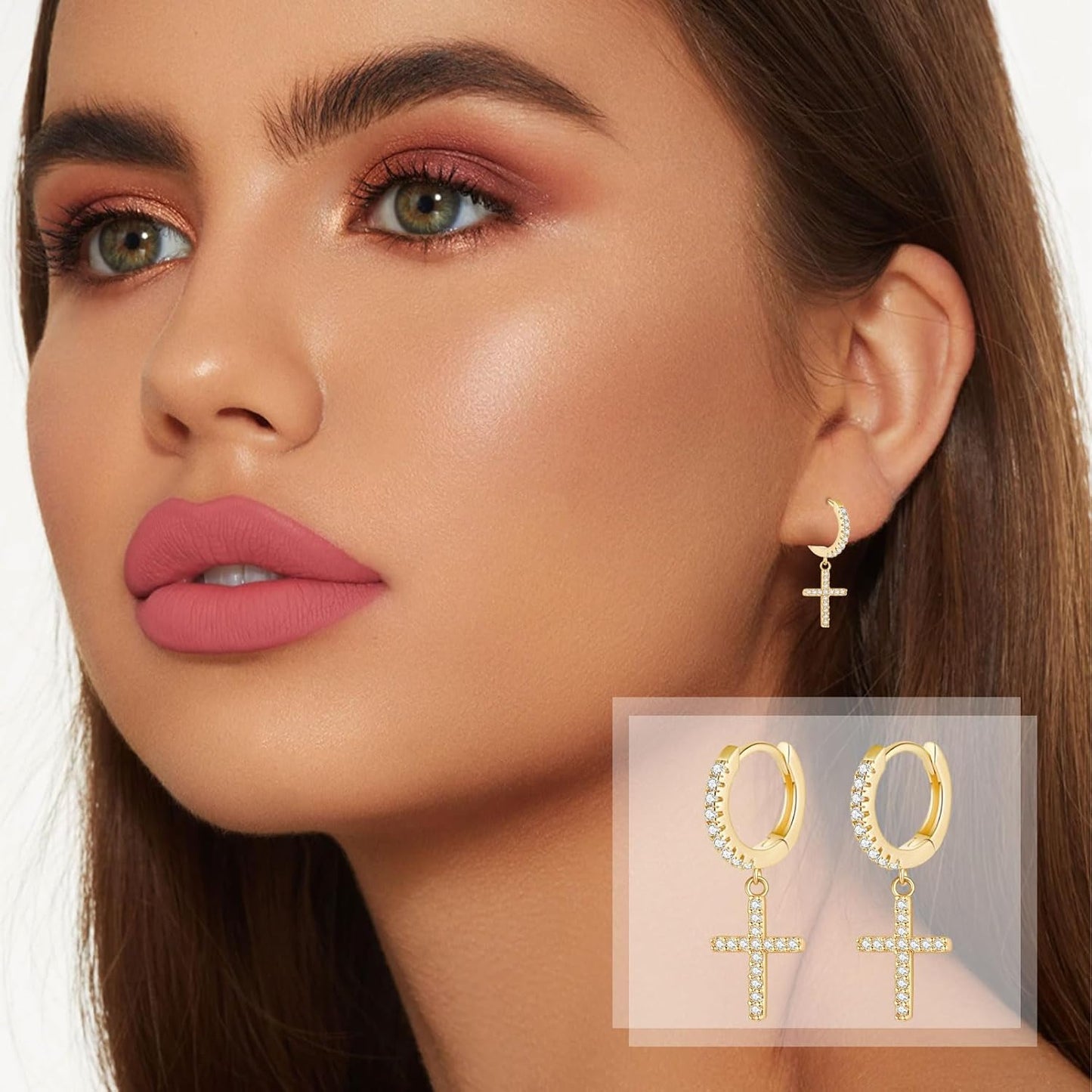 Mother'S Day Gold Hoop Earrings for Women 14K Gold Plated Huggie Hoop Earring Diamond Cut Cubic Zirconia Cross Earrings Hypoallergenic Dangle Earrings Jewelry Gift for Girls and Ladies (Cross-Gold)