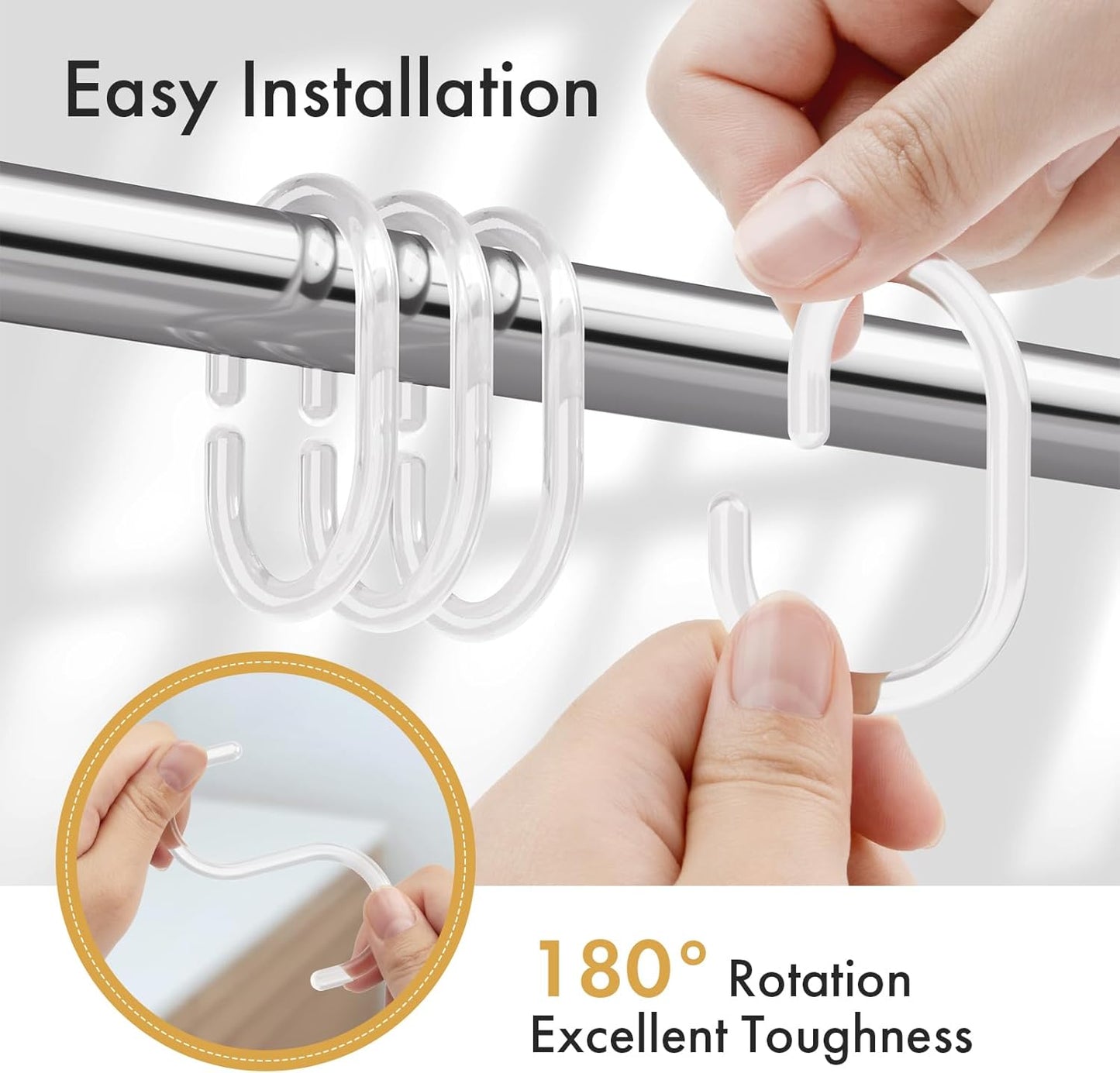 Plastic Shower Curtain Rings, Shower Curtain Hooks, 24 Pcs C Shaped Shower Hooks for Shower Curtain, Clear Shower Curtain Hooks for Bathroom