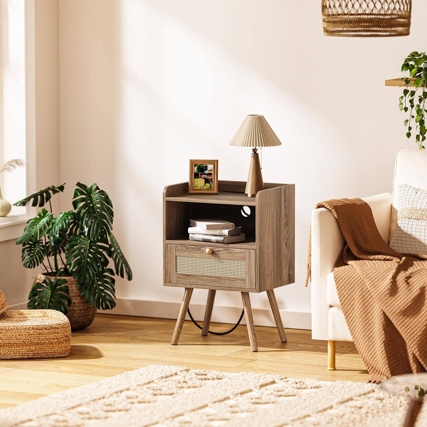 Walnut Nightstand with Integrated Charging Station and Rattan-Style Drawer, Solid Wood Legs, Open Storage Design for Bedroom, Living Room, and Dormitory