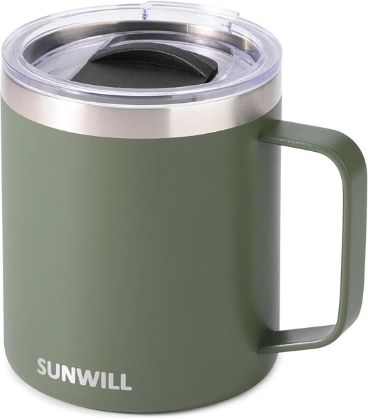 Travel Coffee Mug with Lid, Insulated Tumbler with Handle, 14 Oz Stainless Steel Cup for Home, Office, Camping, Powder Coated Camp Green