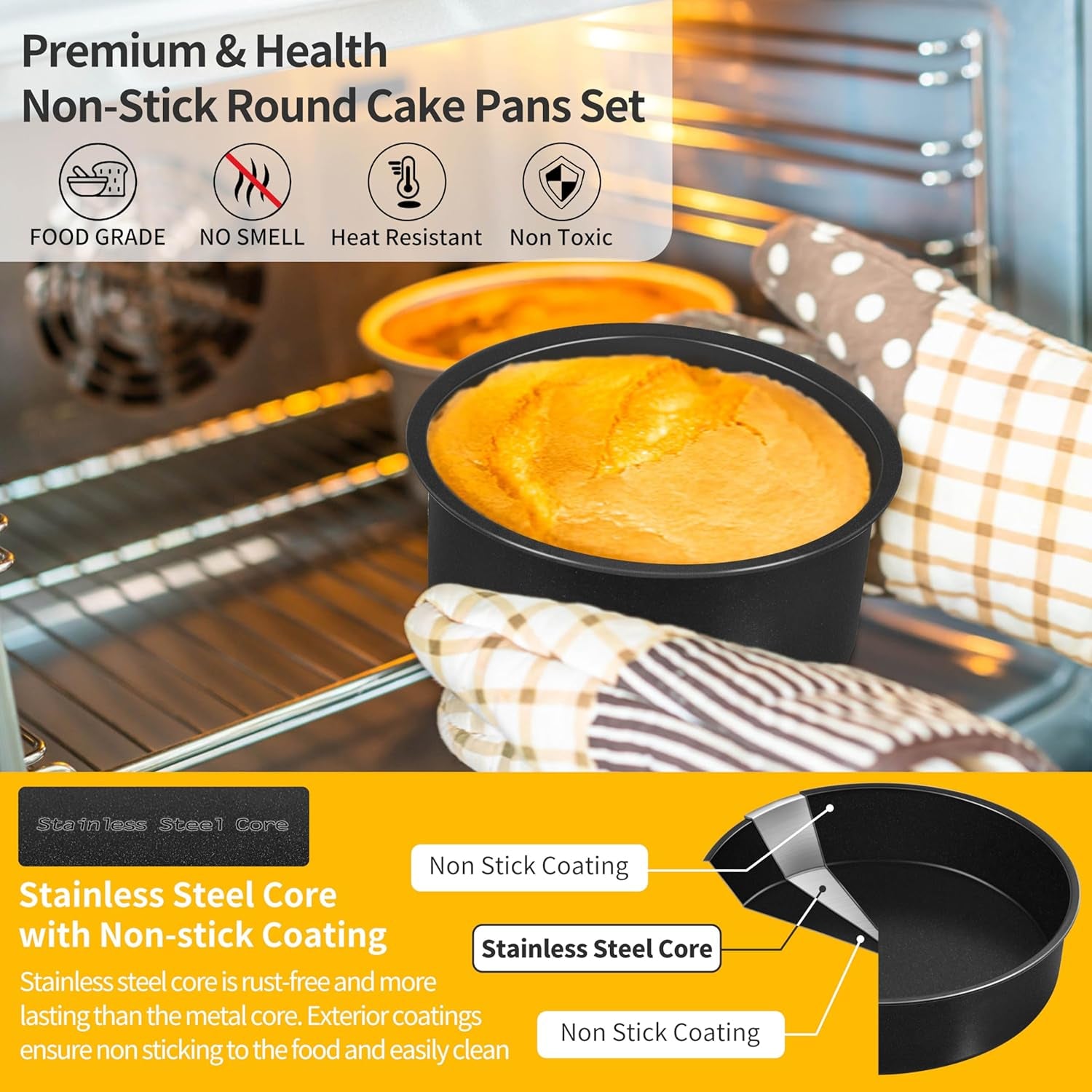 Cake Pan Set of 3, Non-Stick round Baking Cake Pans Tins for Tier Smash Cakes, Non-Toxic & Solid, Stainless Steel Core & Leak-Proof, 4 Inch