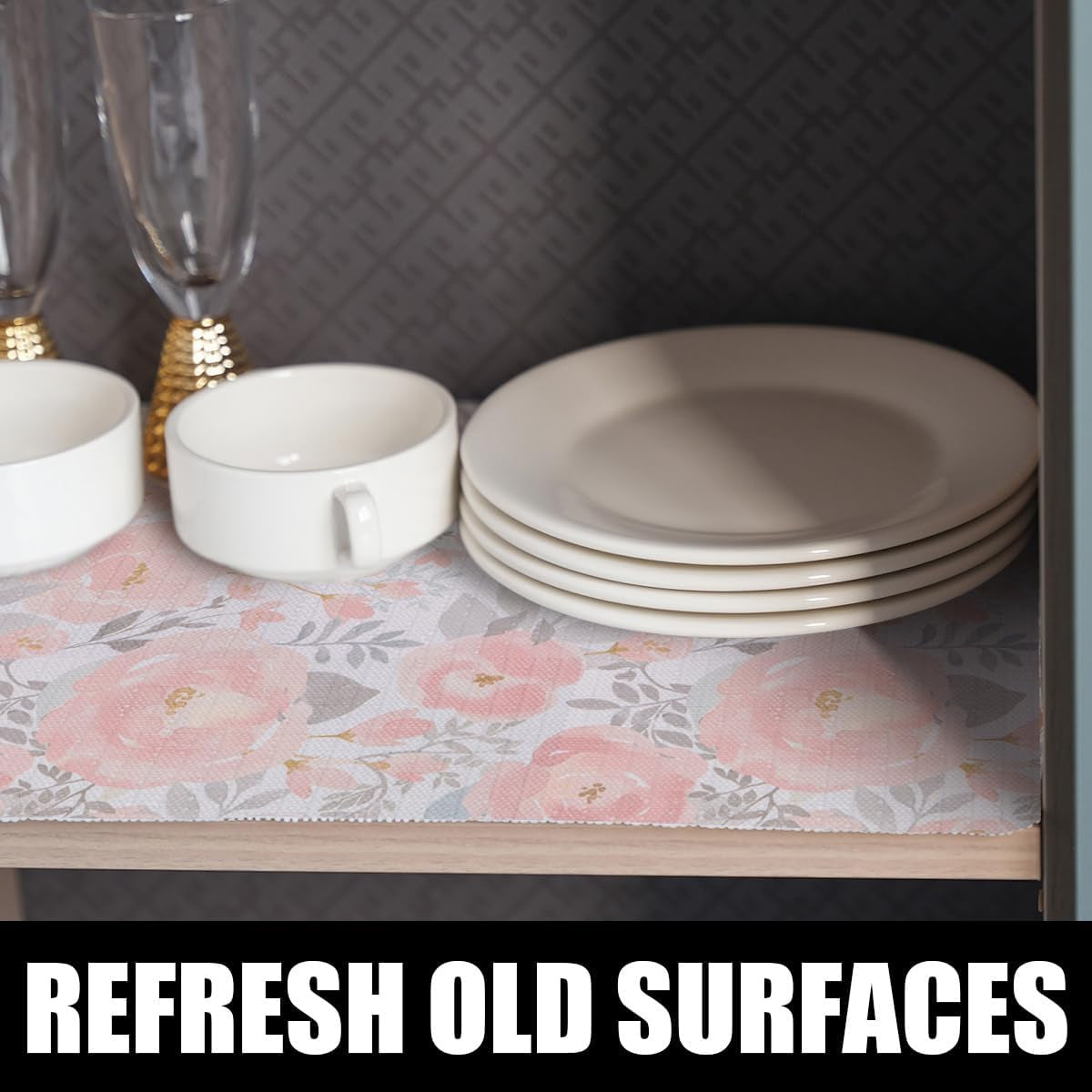 Peony Shelf and Drawer Liner for Kitchen,Non-Adhesive and Strong Non-Slip Floral Cabinet Drawer Liners for Kitchen Shelf, Waterproof Cupboard Liners,Easy to Clean,12In X 10FT