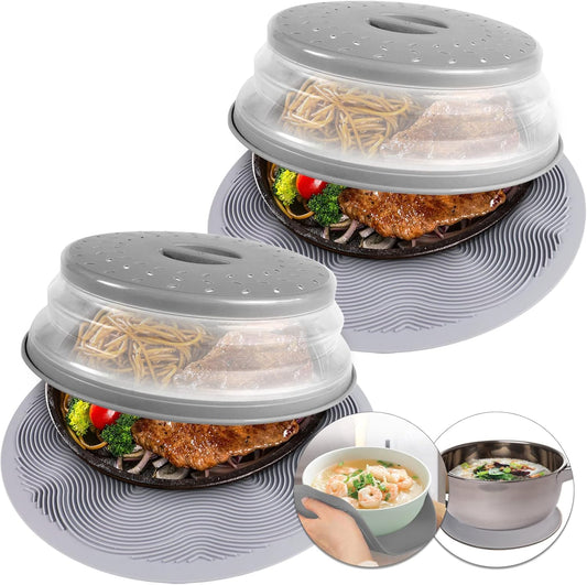 Pack 2,  Microwave Mat & Food Cover- 12" Mat as Bowl Holder, Cover for Splatter Guard, Multi-Use: Silicone Trivet, Pot Holders, Drying, Baking, Placemat, Utensils Rest for Kitchen Counter, Grey