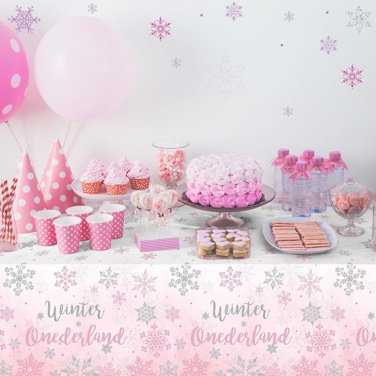 3 Pack Winter Onederland 1St Birthday Tablecloth, Disposable Pink and Silver Winter Snowflake Plastic Table Cover for Winter Onederland Girl Boy 1St Birthday Party Supplies Decorations, 54X108 Inch