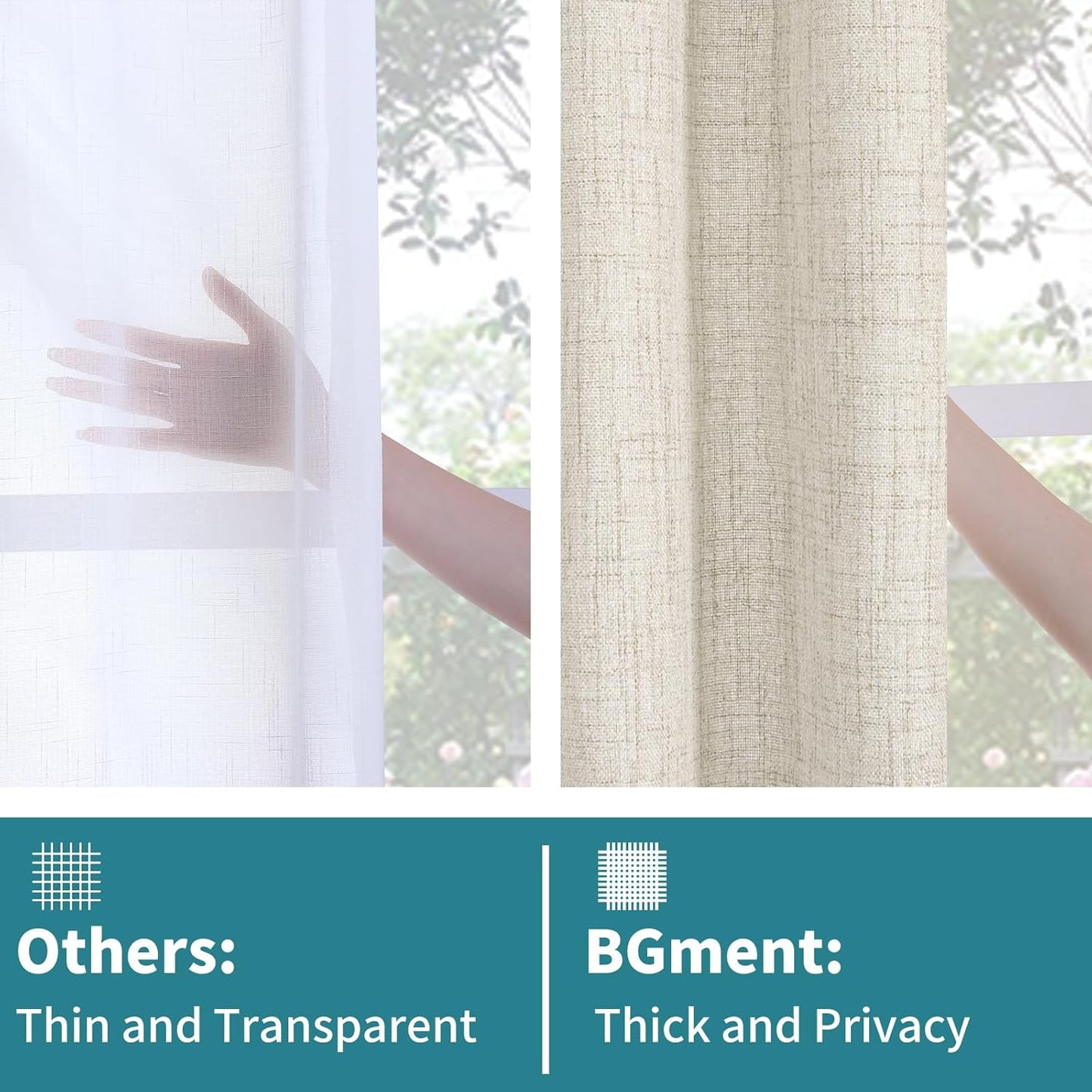 Small Linen Curtains 36 Inch Length for Cafe, Semi Sheer Half Textured Drapes with Rod Pocket Back Tab Rustic Light Filtering for Bathroom Kitchen Window over Sink, 2 Panels Set, 42 X 36 Inch