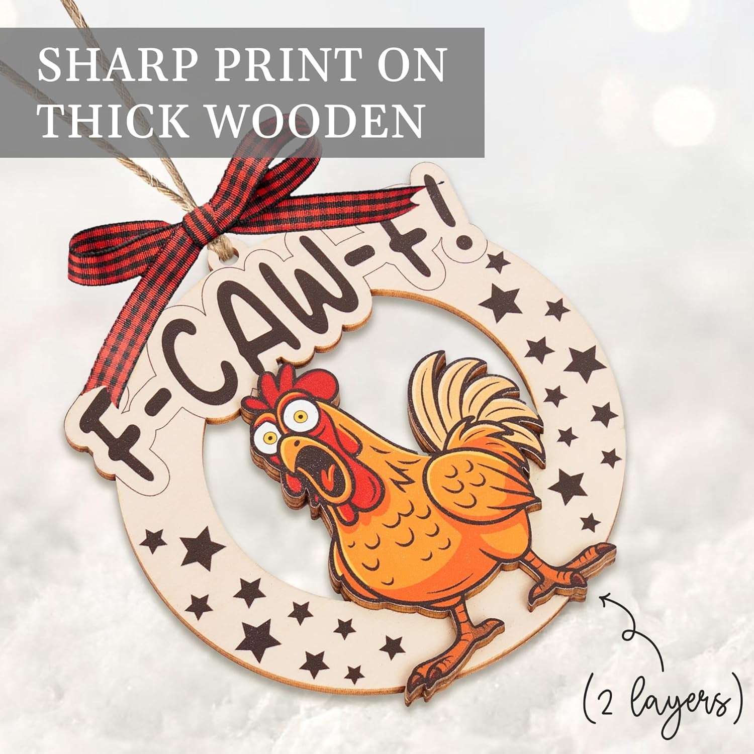 Funny F-Caw-F Chicken Christmas Ornaments, Wooden Fcawf 2-Layer Chicken Ornaments, Unique Gifts for Chickens Lovers, Adults, Women, Christmas Chicken Decor, Farmhouse Xmas Hanging Decorations
