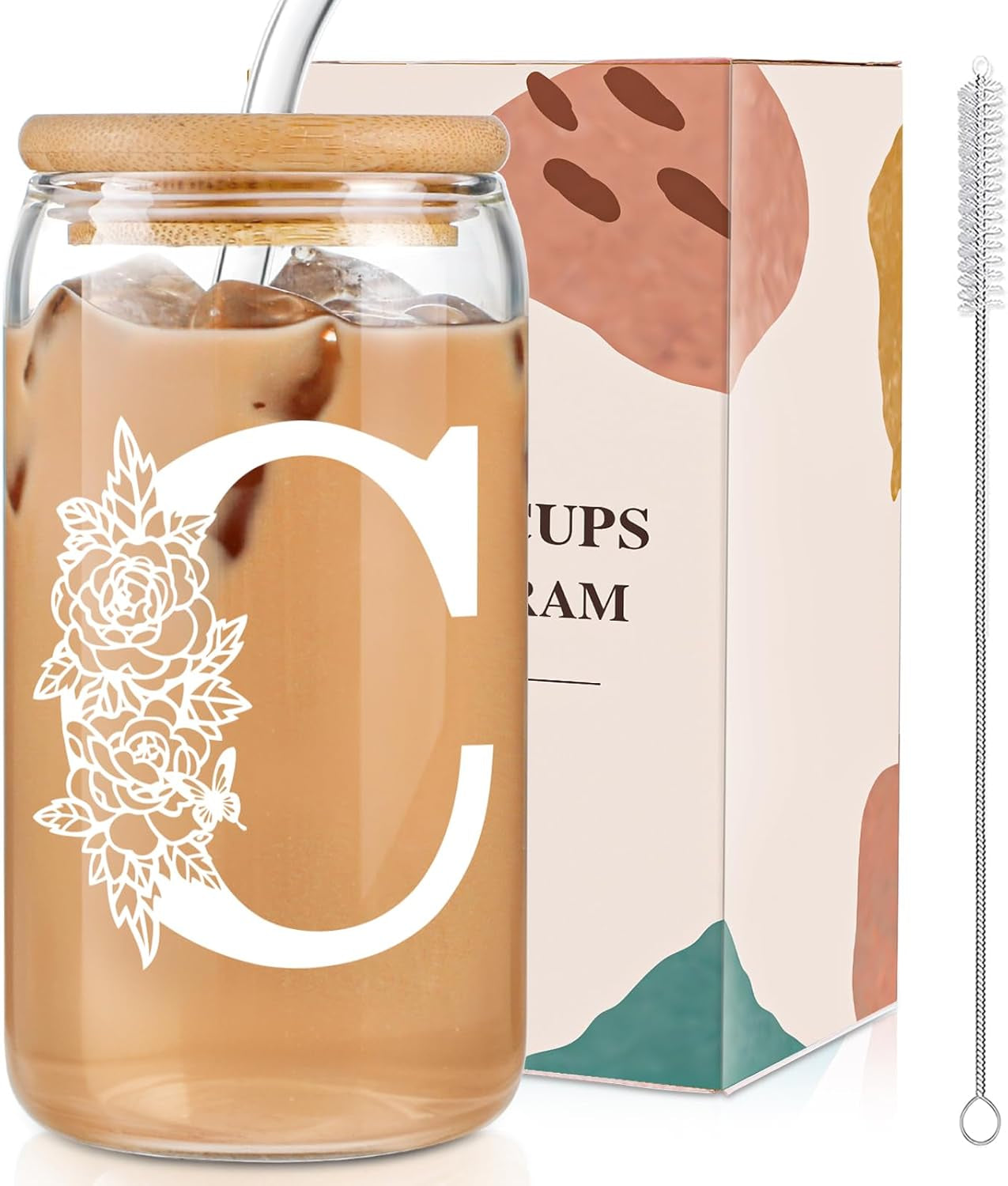 Gifts for Holidays,Birthday Gifts for Women,Personalized Initial Glass Cup as Iced Coffee Cups,Aesthetic Smoothie Cup Cute Beer Tumbler,16 Oz Glass Cups with Lids and Straws-C(1Psc)