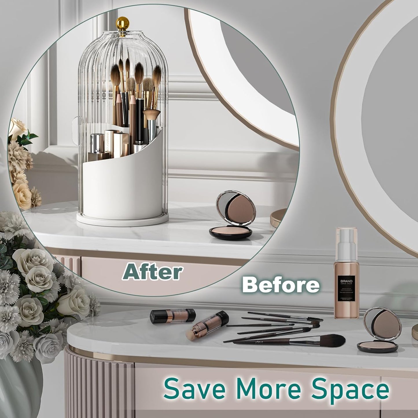 Makeup Brush Holder with Lid Cosmetic Tools Organizer 360 Rotating Waterproof Dustproof Beauty Brushes Storage for Vanity, Transparent