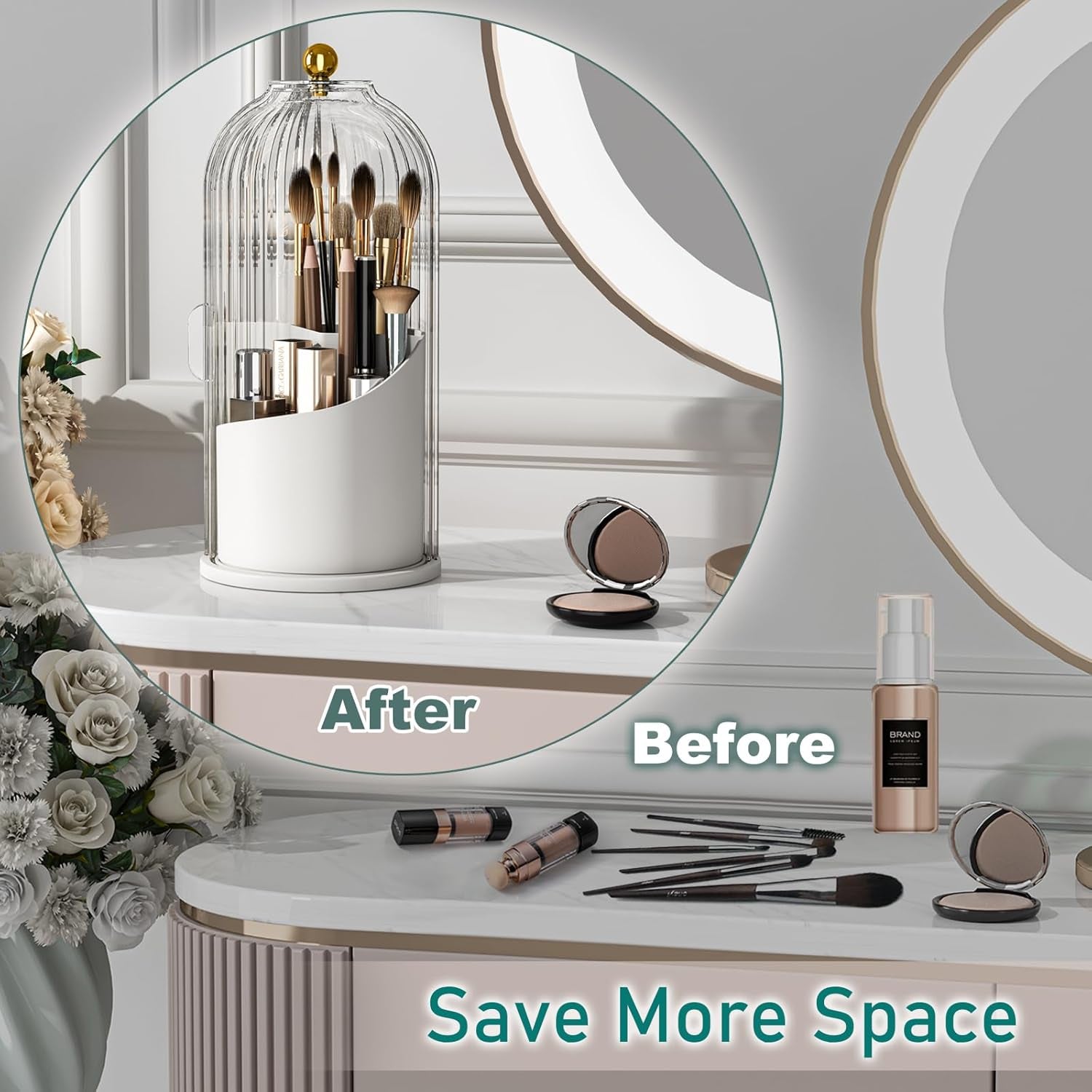 Makeup Brush Holder with Lid Cosmetic Tools Organizer 360 Rotating Waterproof Dustproof Beauty Brushes Storage for Vanity, Transparent