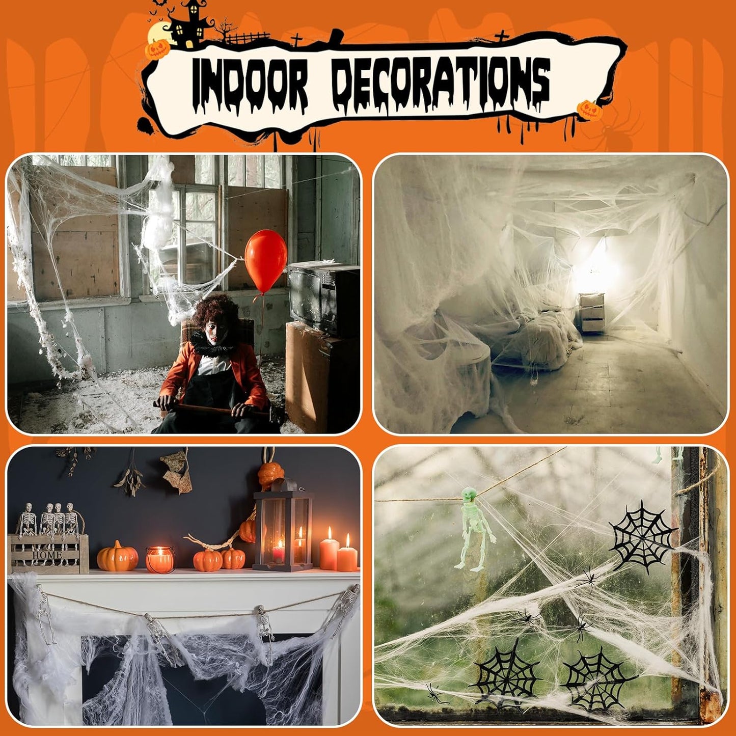 1400 Sqft Halloween Spider Web Decoration with 100 Extra Fake Spiders, Super Stretchy Cobwebs for Halloween Decoration Outdoor and Indoor