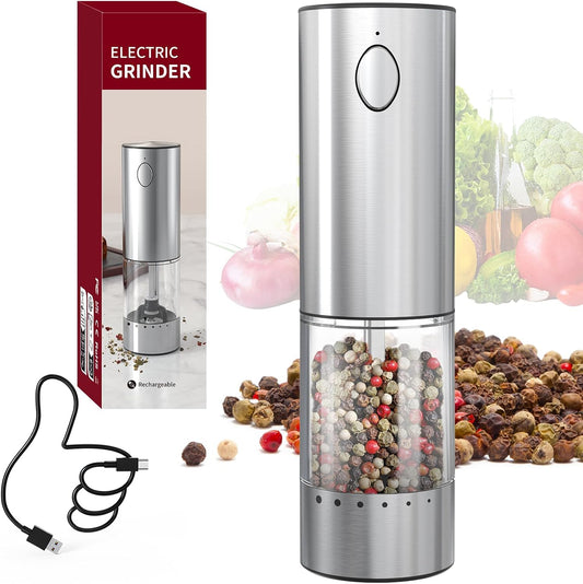 Stainless Steel Electric Pepper Grinder, Rechargeable Pepper Mills with LED Light, 6-Level External Adjustable Coarseness for Easy Use