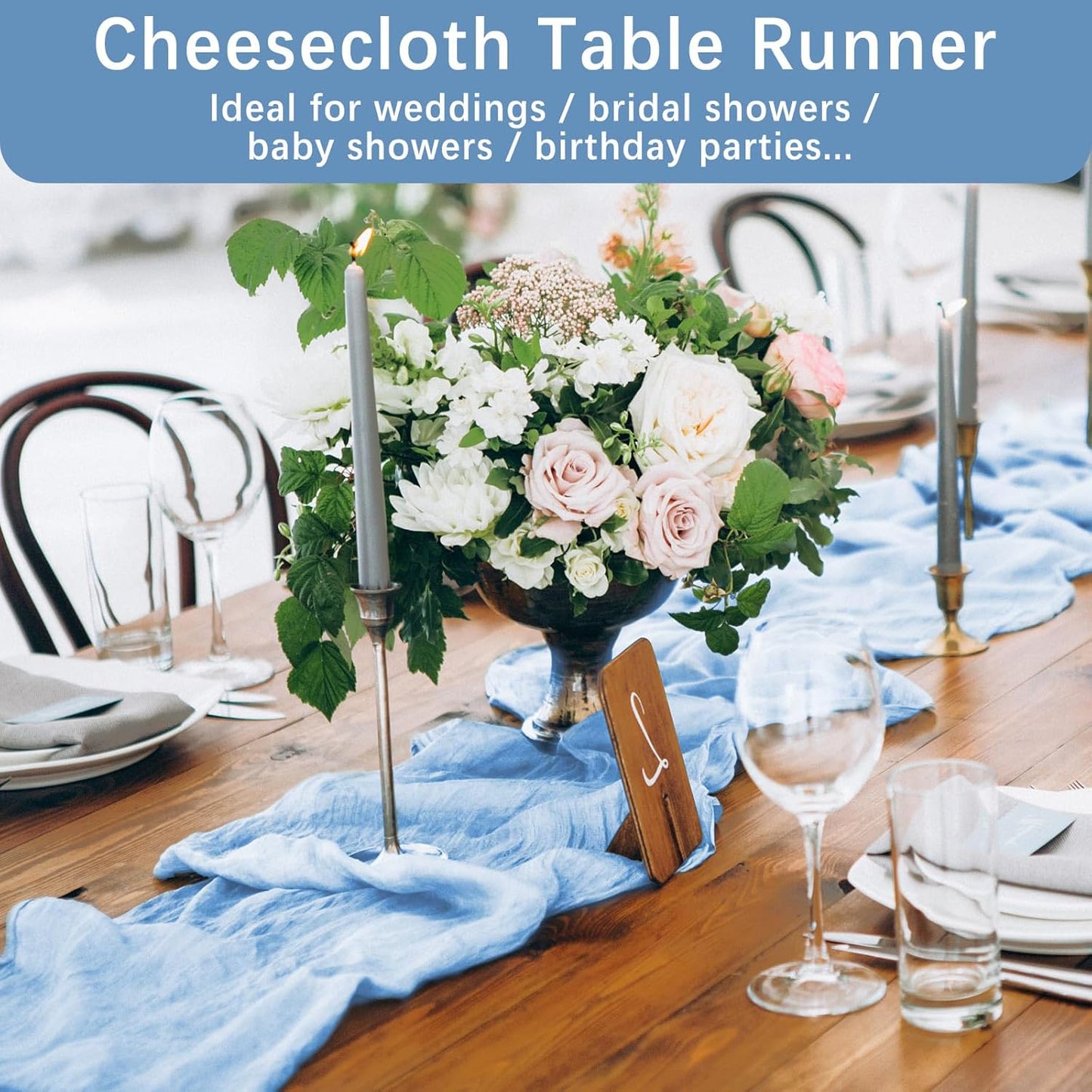 Light Blue Cheesecloth Table Runner, 120 Inch 10Ft Boho Rustic Gauze Cheese Cloth Runner for Wedding Bridal Shower Baby Shower Birthday Party Easter Table Decorations