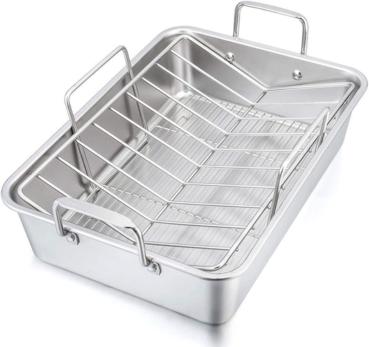 16" Roaster Roasting Pan with Baking Rack and V-Shaped Rack, Stainless Steel Rectangular Lasagna Pan with Handles for Turkey Chicken, Healthy & Dishwasher Safe, 3 Pieces, Silver