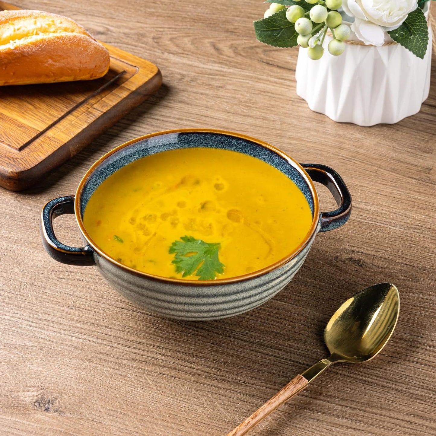 Ceramic Soup Bowls Set with Double Handles, 24 OZ Capacity, Ideal for Soup, Cereal, Stew, Salad, Noodles, and Ramen, Microwave and Dishwasher Safe, Set of 4