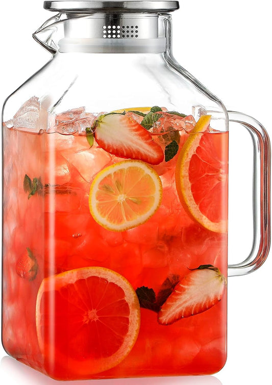 1 Gallon Square Glass Pitcher with Lid and Spout, Water Pitchers with Handle for Fridge, Borosilicate Glass Carafe for Hot/Cold Drink,Extra Large Jug for Iced Tea, Coffee,Juice,Beverage, Clear