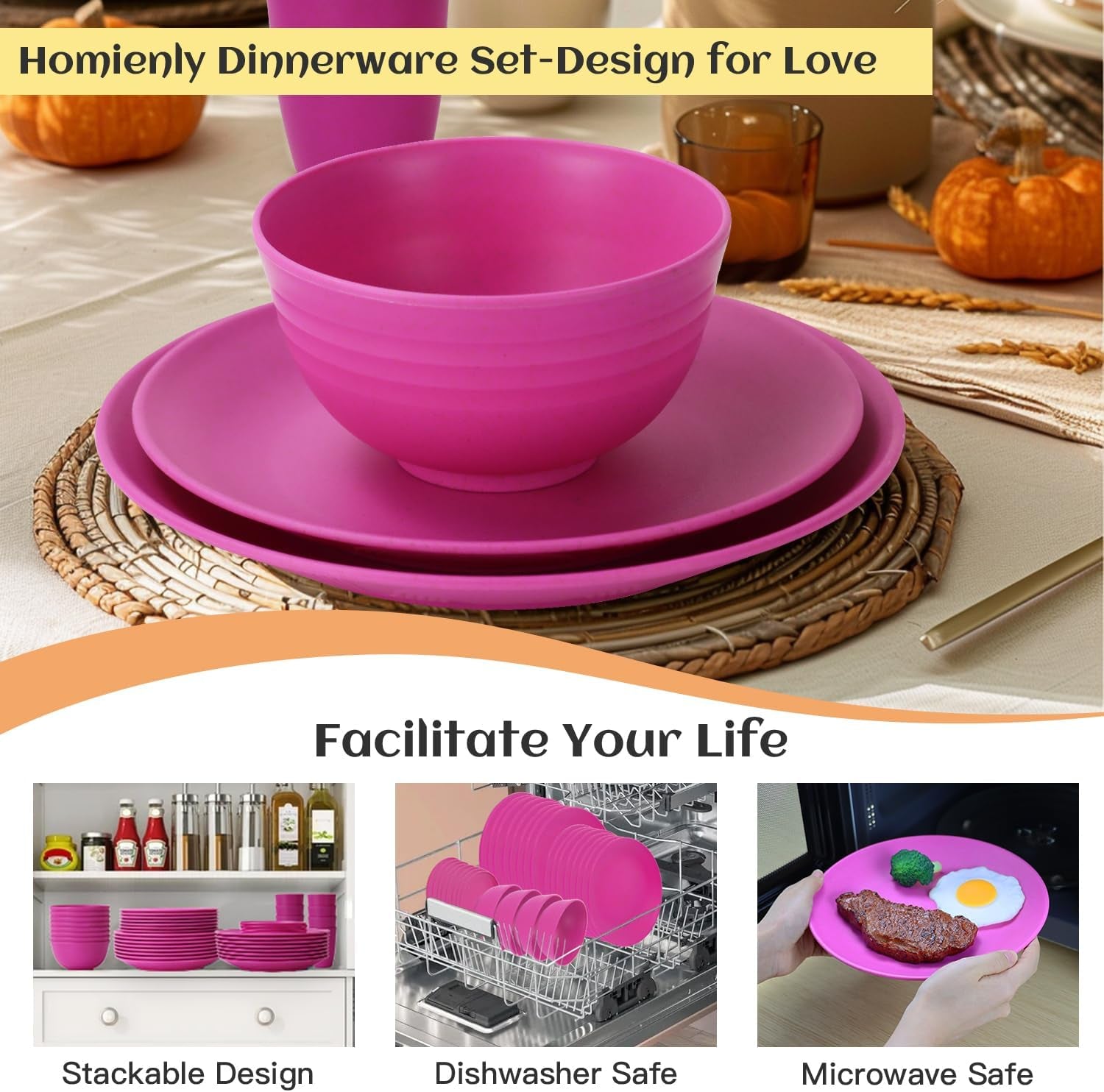 40-Piece Wheat Straw Dinnerware Set for 8 - Unbreakable Plastic Plates, Bowls, and Cups in Pink, Ideal for Outdoor Camping and Dining