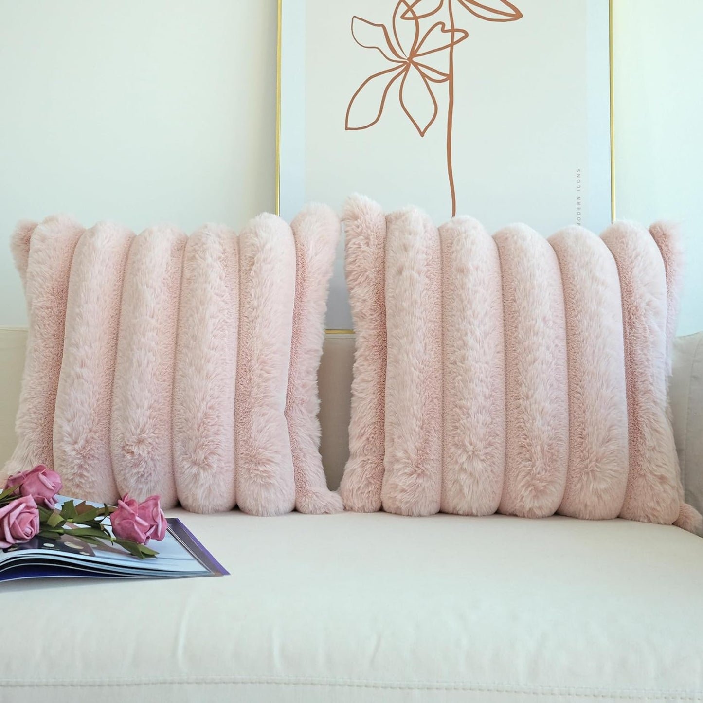 Pack of 2 Faux Fur Plush Decorative Throw Pillow Covers Couch Cushion Case Soft Fluffy Pillowcases Wide Stripe (Pink, 18 X 18 Inch)