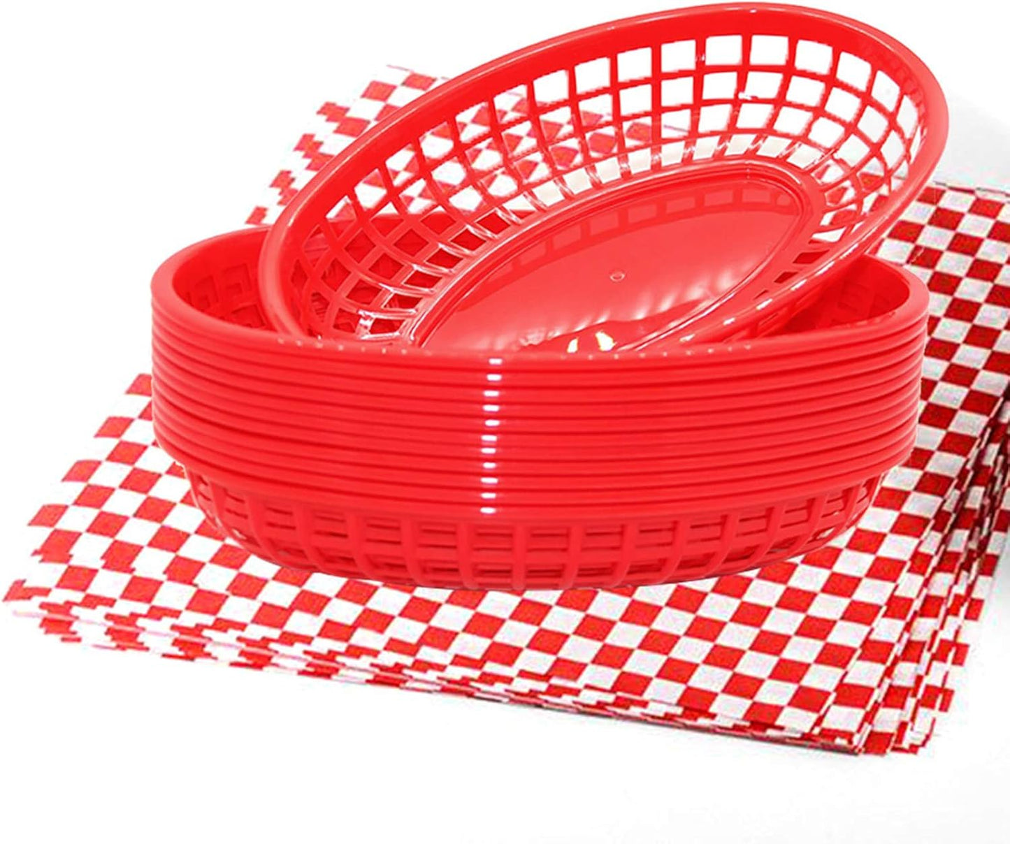 Retro Style Fast Food Basket (12Pk) and Checkered Deli Liner (100 Pk) Combo. Fast Food Basket Are Dishwasher Safe. Disposable Deli Paper Squares for Easy Cleanup (Red)