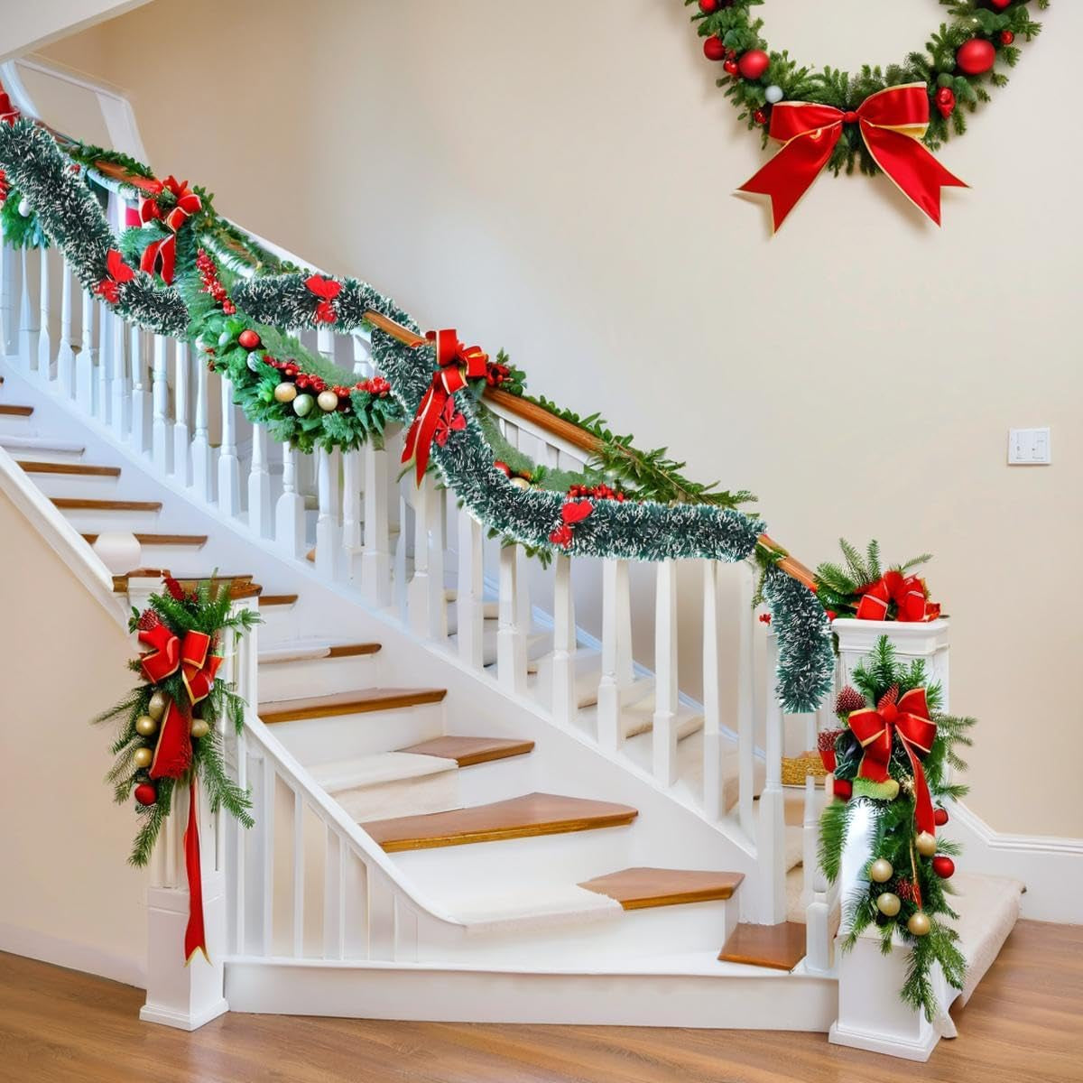 5M Christmas Tinsel Garland Christmas Tree Decorations Silver Foil Tinsel Garland Metallic Hanging Garland for New Year Party Holiday (Green W/Red Bow-16Ft (No Lights))