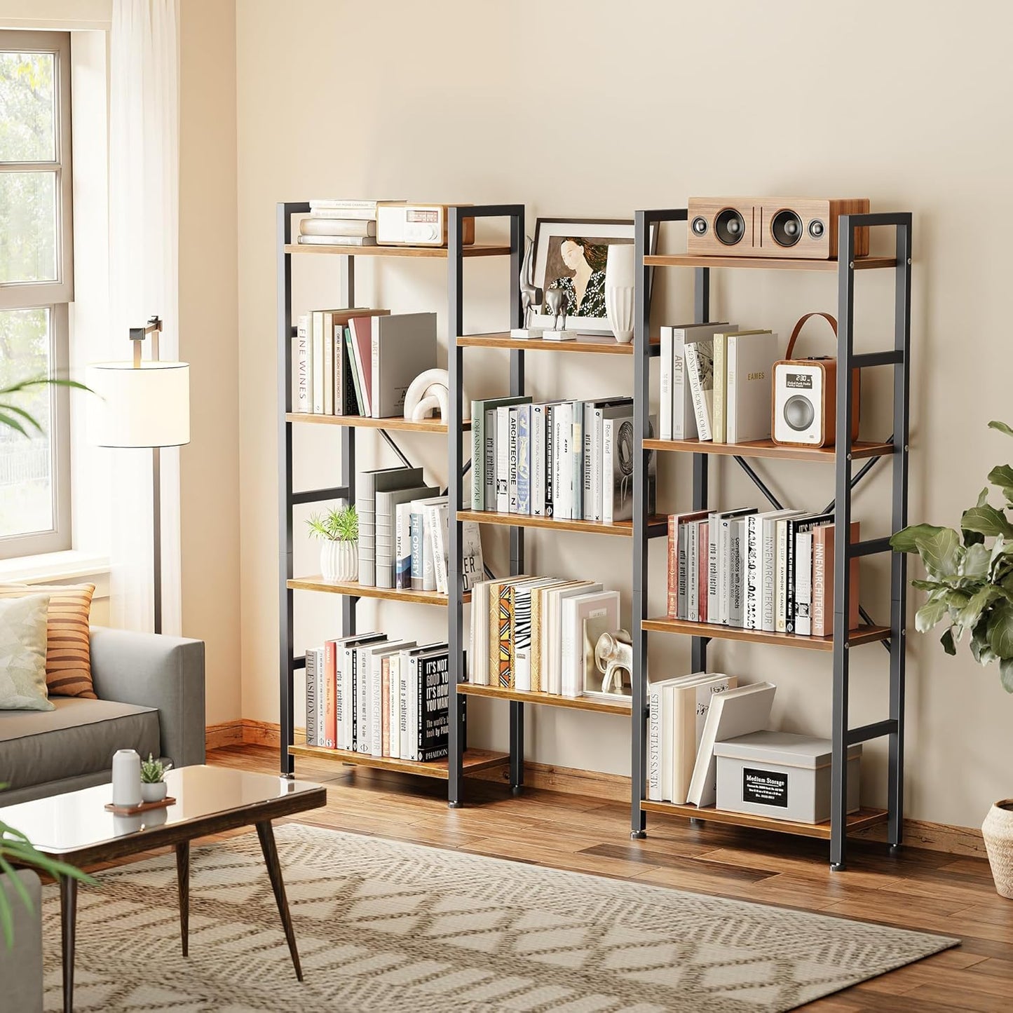 Triple 4-Tier Bookshelf with 11 Open Display Shelves - Wide Bookcase for Home and Office in Rustic Brown Finish