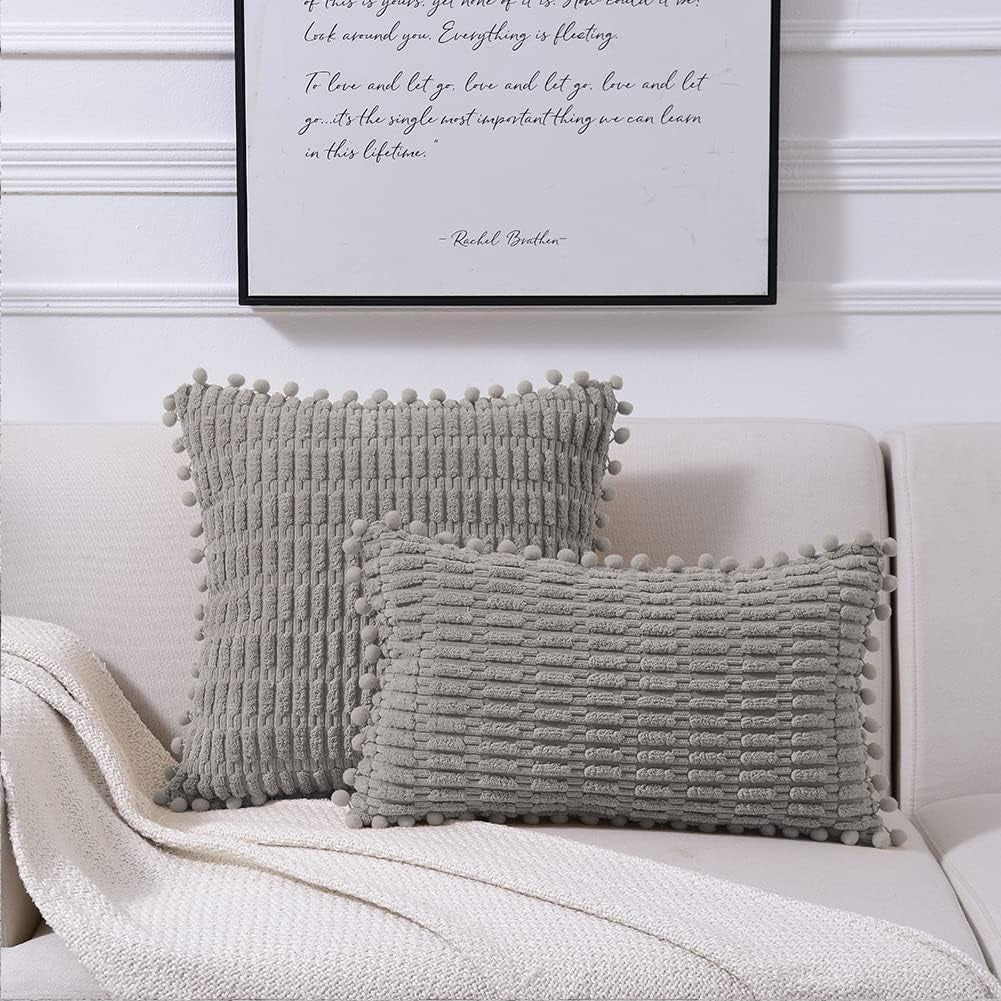 2 Packs Gray Farmhouse Decorative Throw Pillow Covers 18X18 Inch with Pom-Poms for Living Room Couch Bed Sofa, Rustic Boho Home Decor, Soft Striped Corduroy Square Cushion Case 45X45 Cm