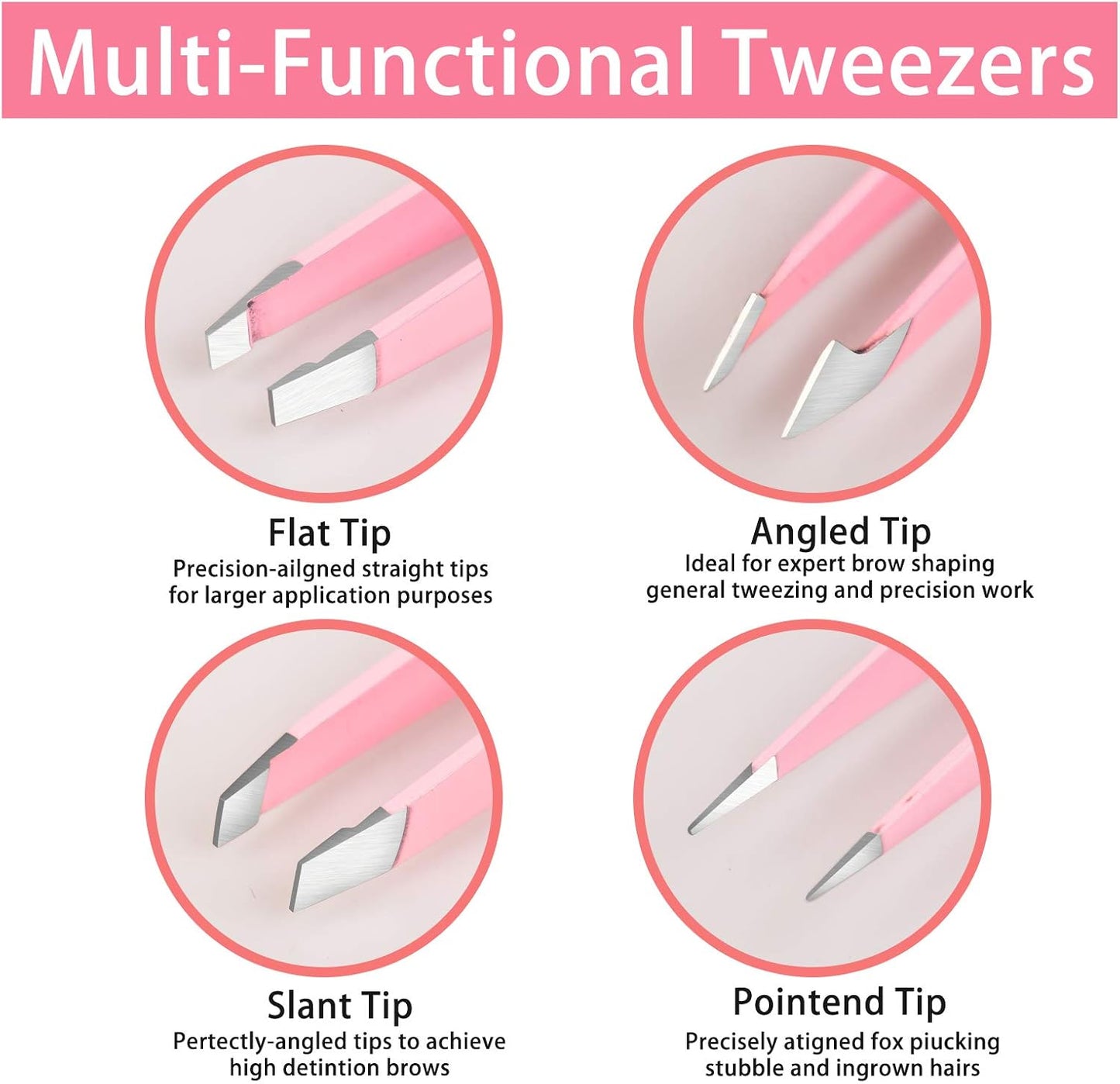 Tweezers Set 4-Piece, Professional Stainless Steel Tweezers, Precision Tweezers for Eyebrows, Facial Hair, Ingrown Hair, Splinter, Blackhead Remover (PINK)…