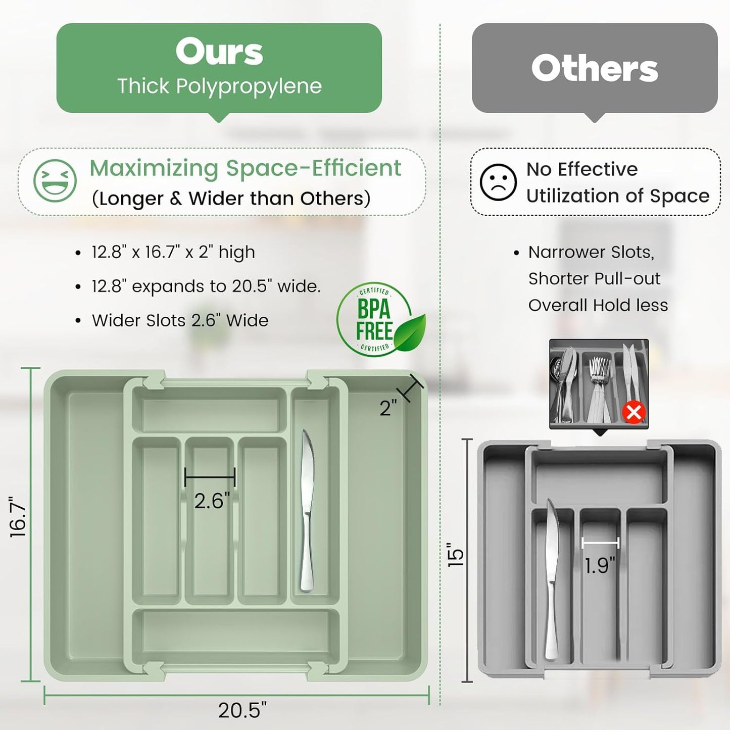 Expandable Silverware Organizer for Kitchen Drawers - BPA-Free Thick Plastic with Wider Compartments and Non-Skid Feet (Sage Green)