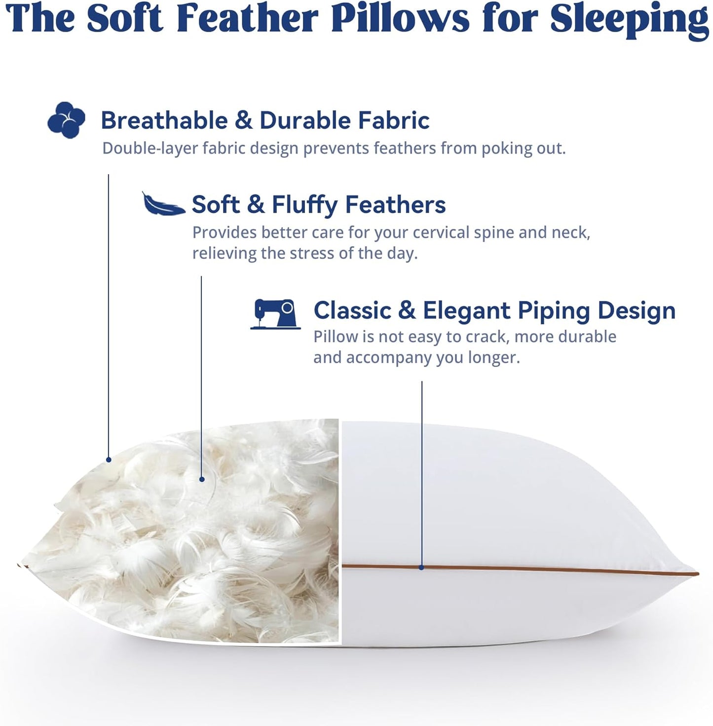 ® Goose Feather down Pillows King Size Set of 2, Soft Fluffy Luxury Hotel Collection Pillow, 100% Cotton Cover, Medium Firm Bed Pillow for Back, Stomach or Side Sleeper.