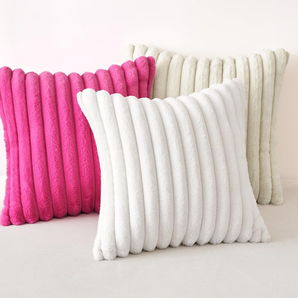 Faux Fur Plush Decorative Throw Pillow Covers Set of 2 Luxury Soft Fluffy Striped Pillowcases Cushion for Spring Sofa Couch Bed Living Room Hot Pink 18X18 Inch