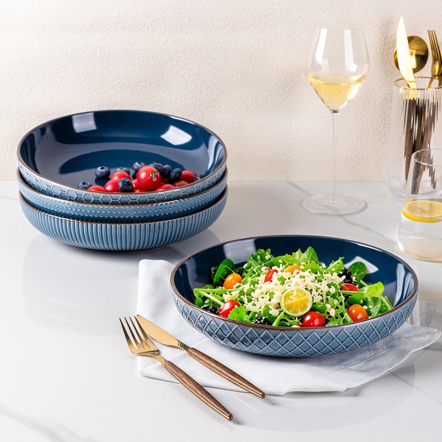 Large 9.5-Inch Stoneware Pasta Bowls, 42 Ounce Ceramic Serving Bowls with Textured Design for Salads, Fruits, Stews, and Noodles, Set of 4 in Moonlight Blue - Ideal Housewarming Gift