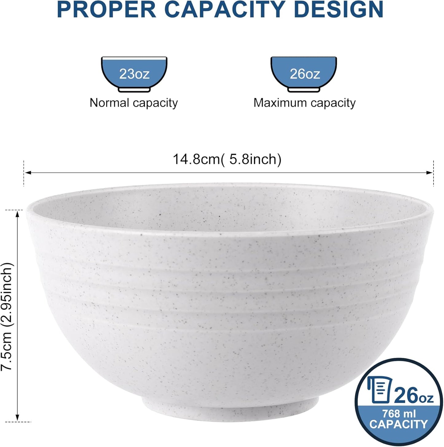 Unbreakable Wheat Straw Cereal Bowls - Microwave & Dishwasher Safe Soup and Salad Bowls BPA Free, Set of 8, 26Oz, White