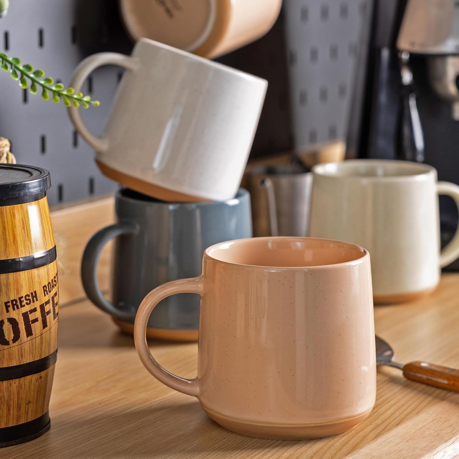 Handmade Ceramic Coffee Mugs Set of 4, 17 Oz with Terracotta Underside - Ideal for Latte, Tea, Beer, and Hot Cocoa, Dishwasher and Microwave Safe