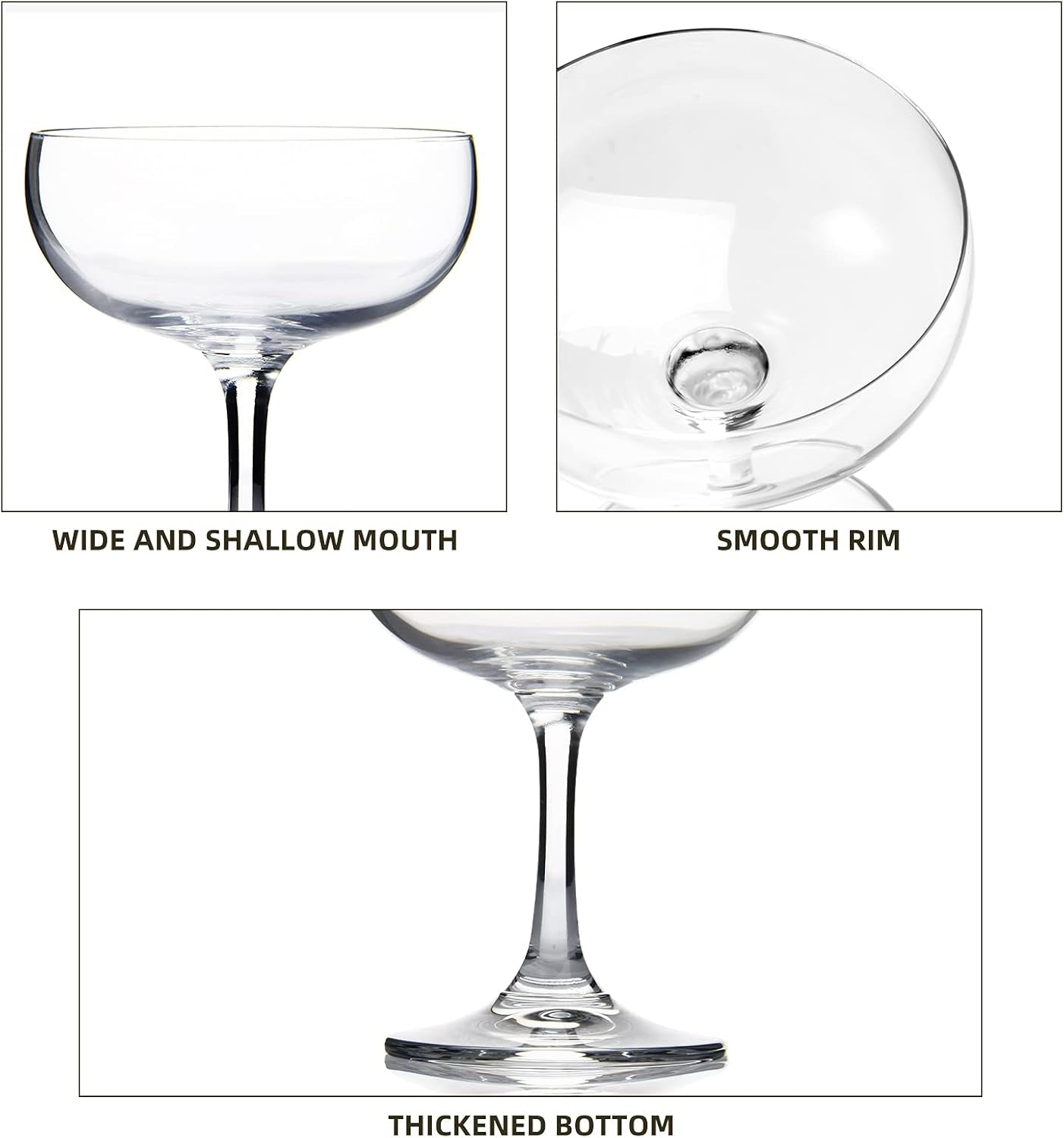 Set of 6 Elegant Crystal Coupe Glasses, 7 Ounce (220ml) - Short Stem Design for Champagne and Sweet Wine
