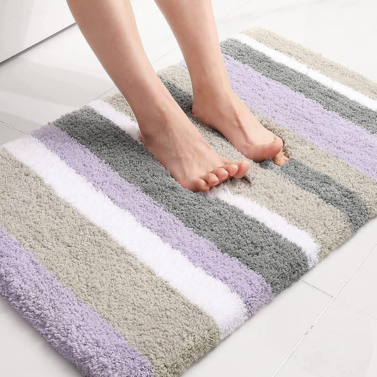 Microfiber Striped Bathroom Rugs Bath Mat, Extra Thick, Soft and Shaggy, Absorbent, Machine Washable, Bath Rugs for Bathroom, Tub and Shower, 24X16 Inches, Purple-Grey