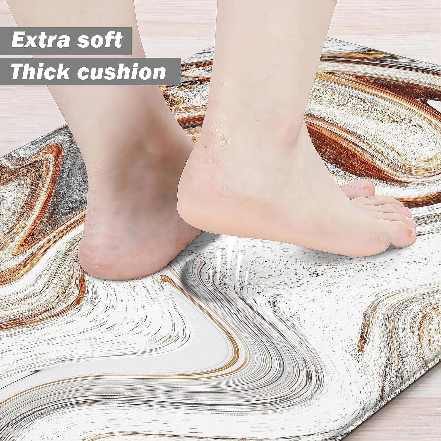 Kitchen Mats for Floor anti Fatigue Floor Marble Cushioned Memory Foam Non Slip PVC Leather Padded Comfort Standing Rugs Set of 2, 17.3X28+17.3X47 Inch,0.4 Inch Thick