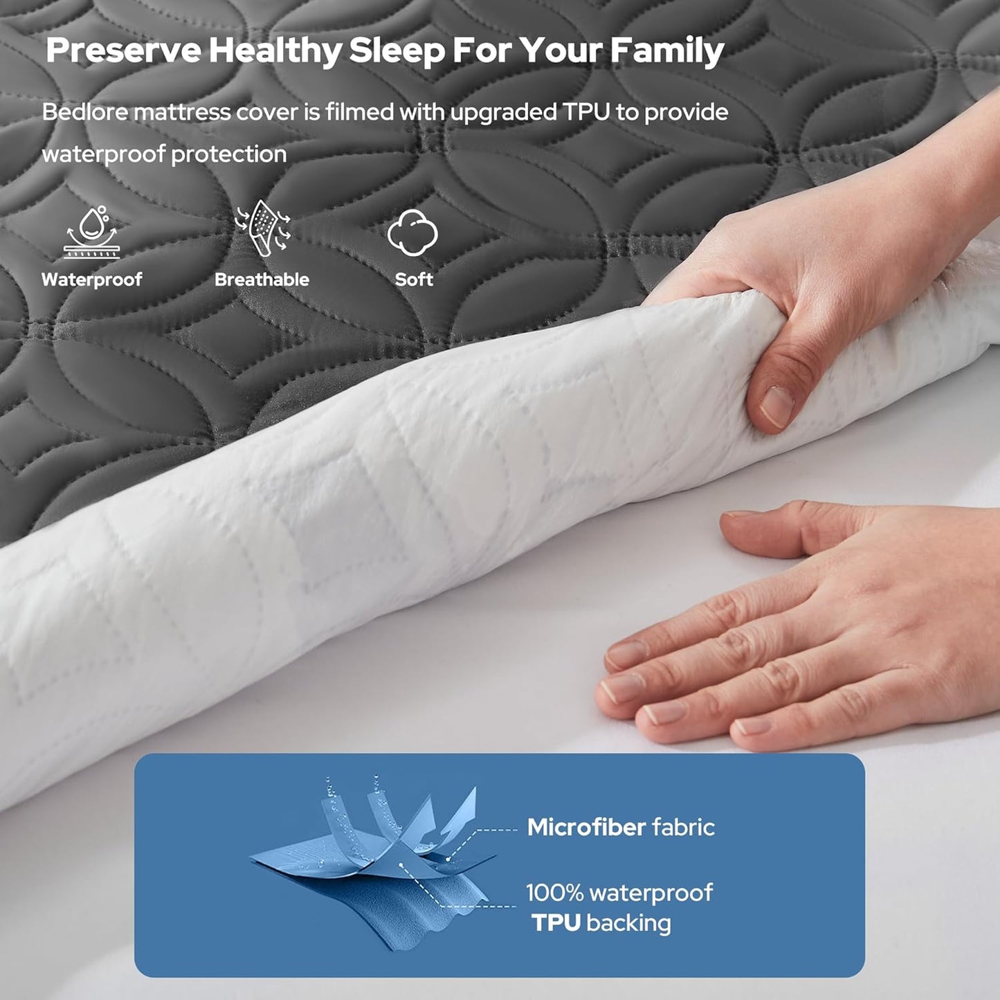 Waterproof Mattress Protector, Twin Size Mattress Pad with Deep Pocket 6"-15" Depth, Soft Breathable Dirt-Proof Single Bed Mattress Cover for Bedroom, Dorm Room (Gray)